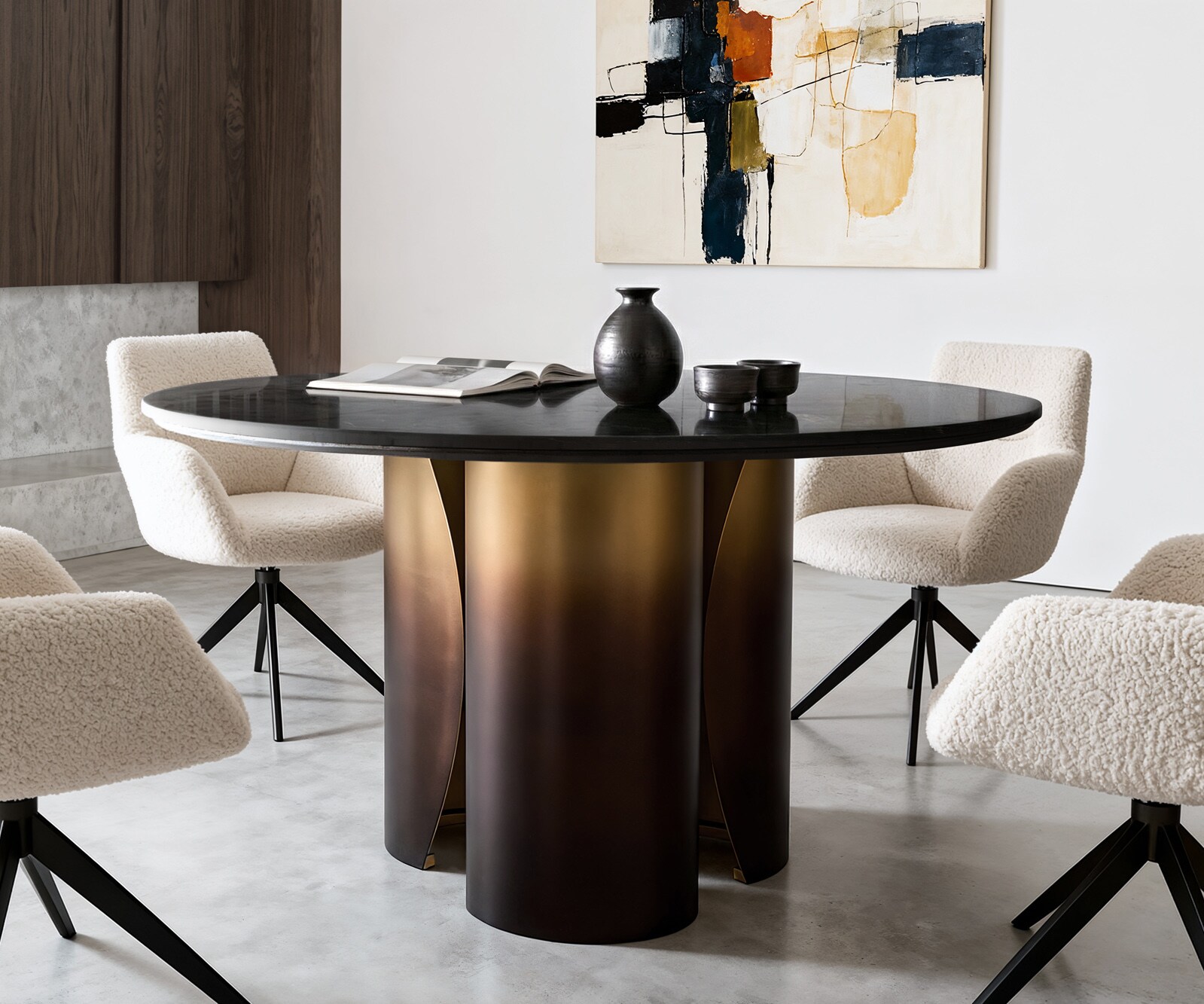 Table-à-manger Adenza ronde 140 x 140 cm Marbre noir Or métallique Finition Fusion dorée