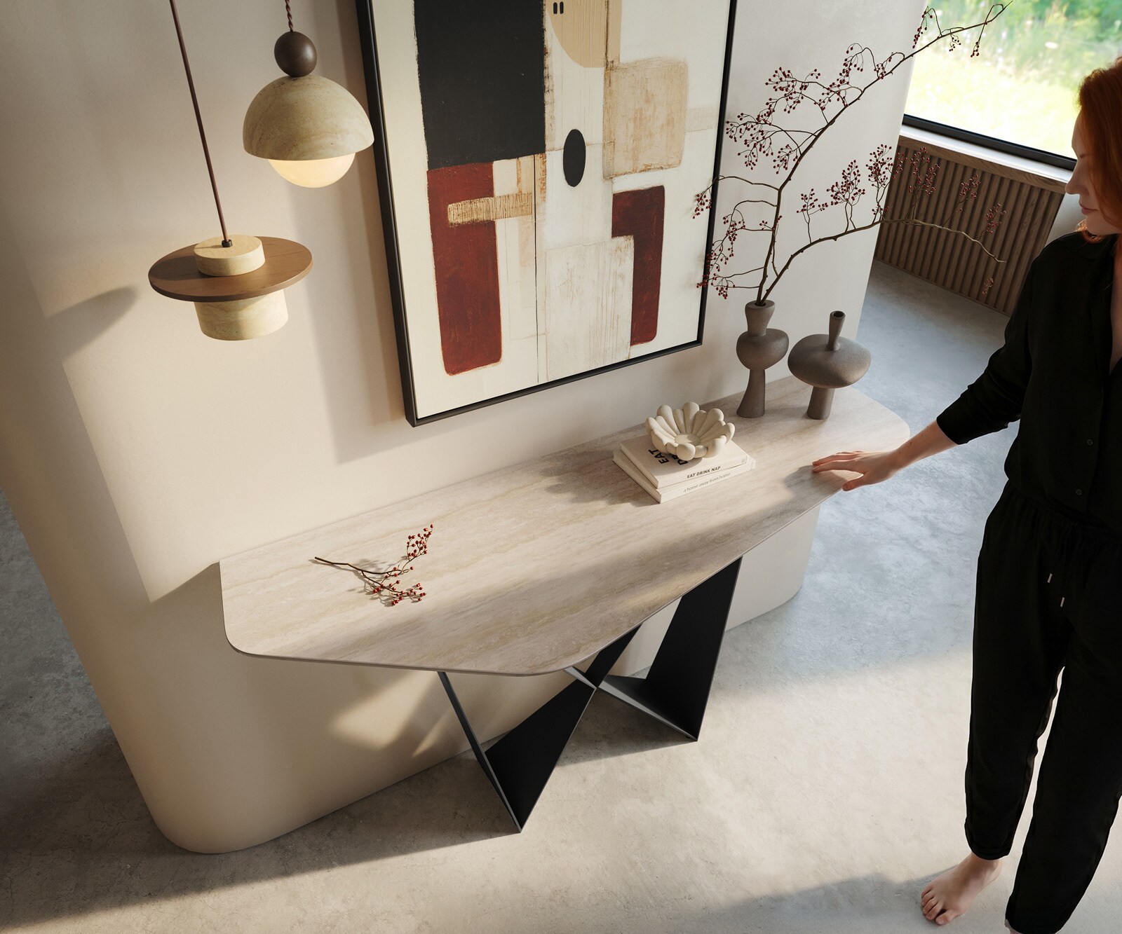Console Edge Polygonal 140x50 cm Céramique Laminam® Travertino Bianco Creme-Weiß Spios Métal Noir 2
