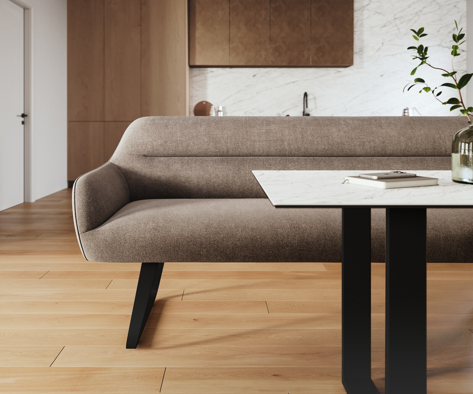 Banc-de-salle-à-manger Taya-Flex 300 cm tissu structuré doux taupe châssis à patins plat noir ressort ensaché 2