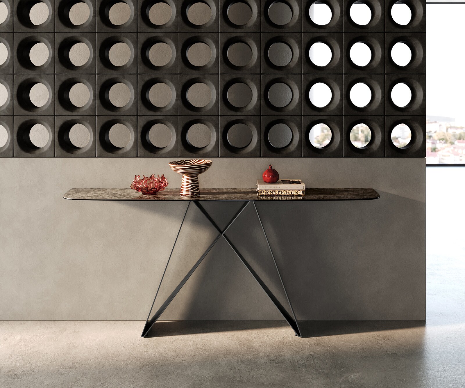 Console Edge forme bateau 180x40 cm Céramique Emperador Extra Lucidato Dunkelbraun Velio Métal Noir