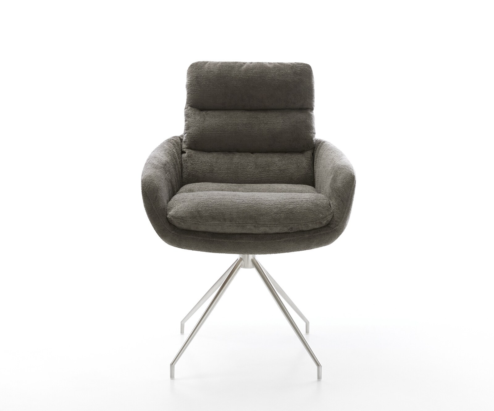 Chaise-de-salle-à-manger Abelia-Flex avec accoudoirs bouclé doux couleur boue pied croisé conique acier inoxydable 2