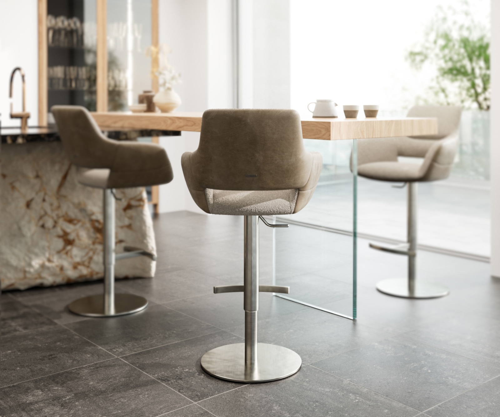 Barstuhl Yago-Flex Materialmix Mikrofaser Schlamm / Bouclé Schlamm Drehfußhöhenverstellbar Edelstahl drehbar Taschenfederkern 3