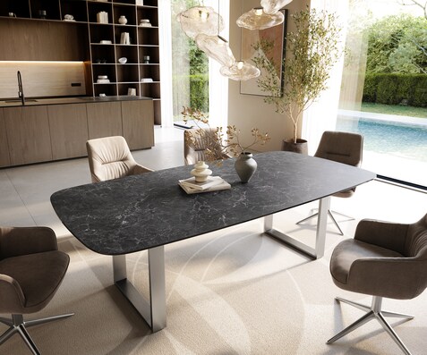 Table à manger Edge Boot 240x120 cm Céramique Laminam® Nero Greco Anthracite Acier inoxydable Schmal