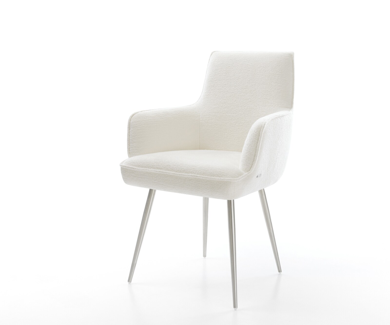 Esszimmerstuhl Heira-Flex mit Armlehnen Bouclé Soft Beige 4-Fuß konisch Edelstahl Taschenfederkern