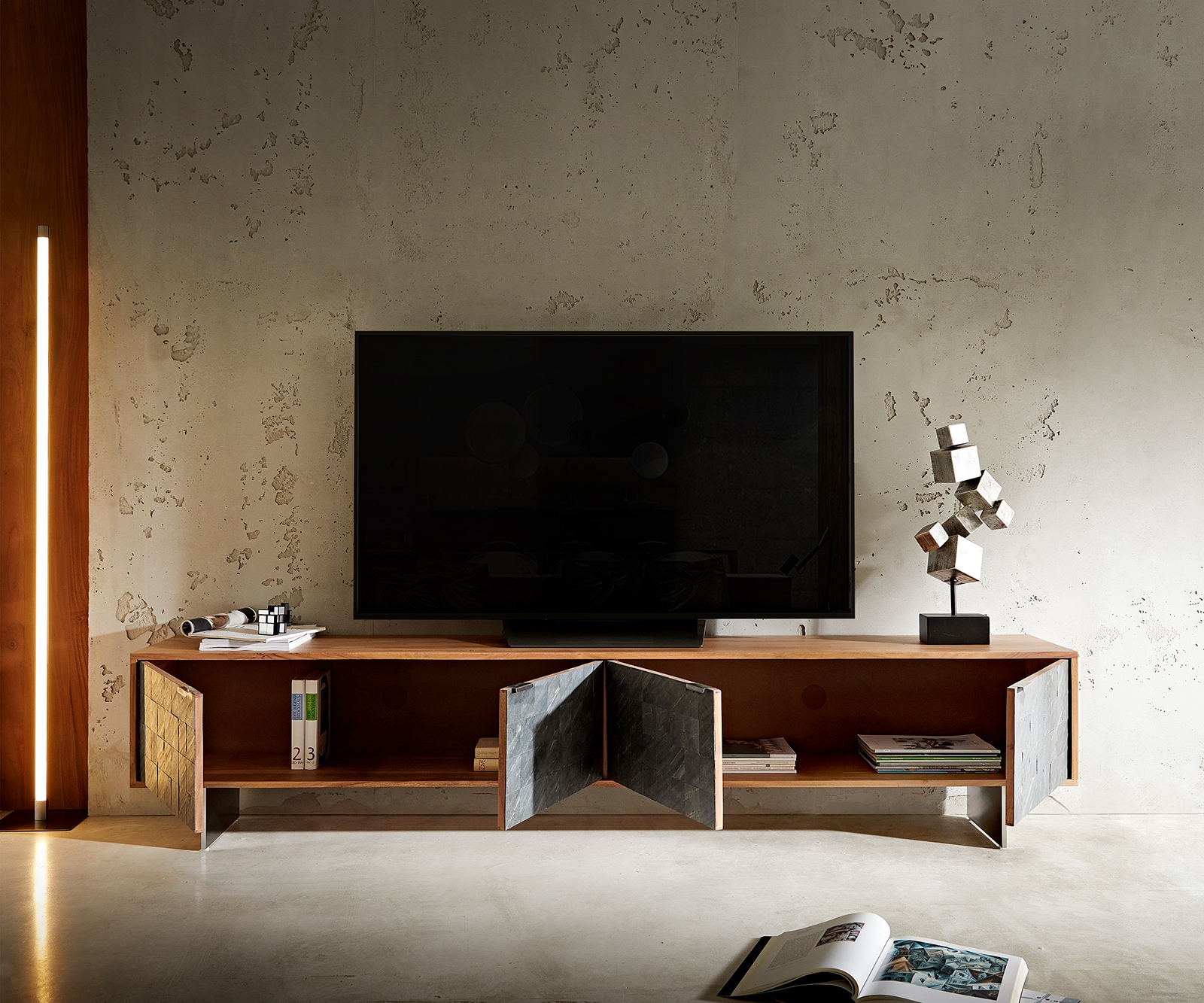 Lowboard Teele 220 cm Akazie Natur Schiefer 4 Türen Fuß schwebend Edelstahl 5 Lowboard Teele 220 cm Akazie Natur Schiefer 4 Türen Fuß schwebend Edelstahl 5