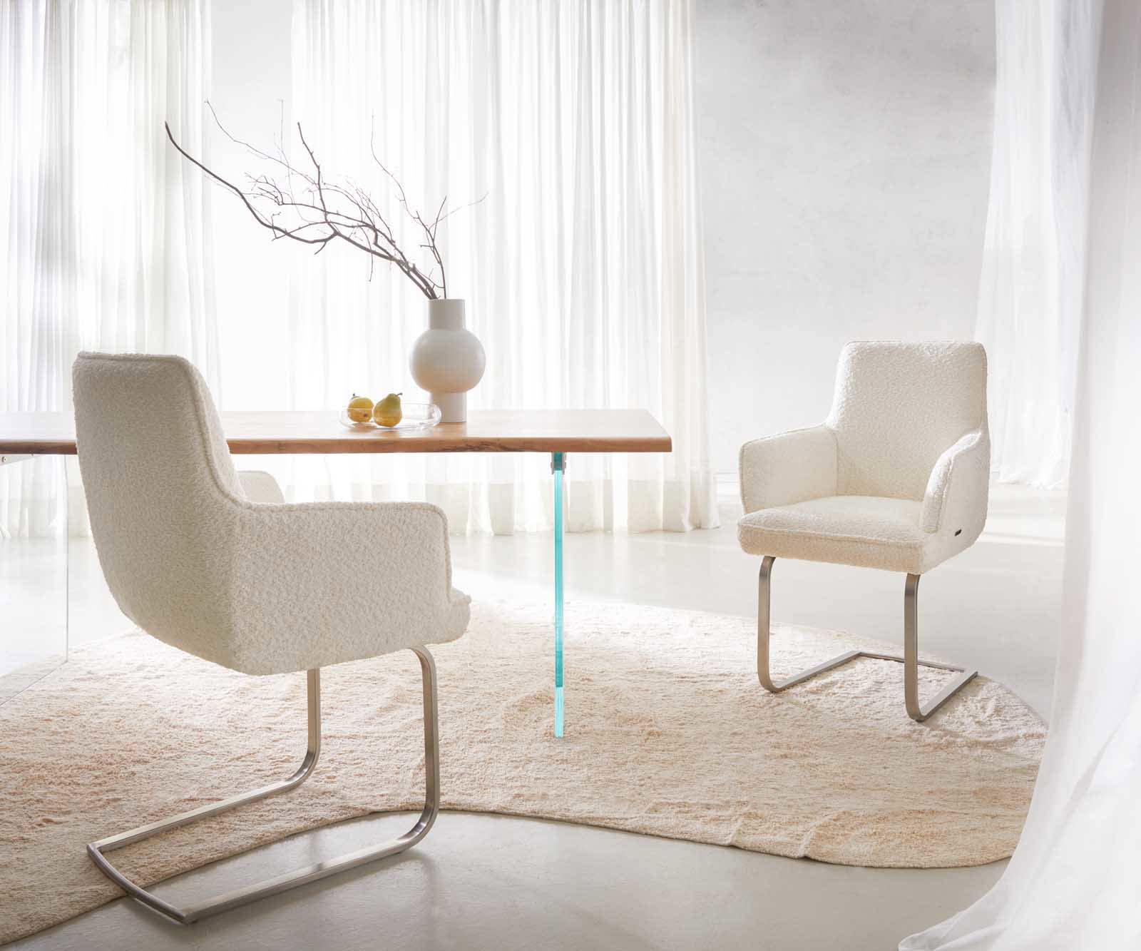 Cantilever Heira-Flex avec accoudoirs bouclé blanc pied cantilever plat acier inoxydable brossé ressorts ensachés 5