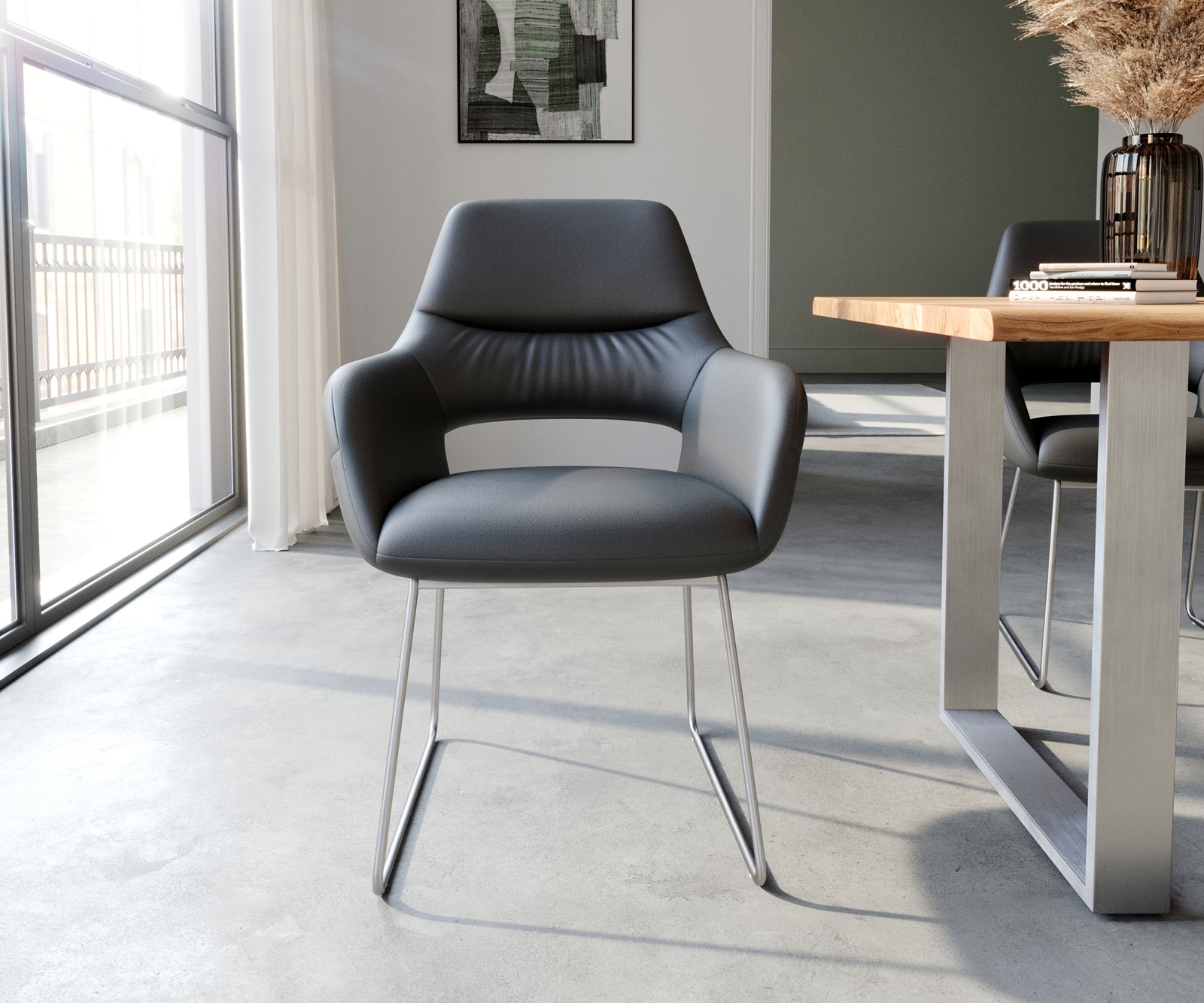 Esszimmerstuhl Yago-Flex mit Armlehnen Echt-Leder Schwarz Kufengestell Edelstahl Taschenfederkern 1 Esszimmerstuhl Yago-Flex mit Armlehnen Echt-Leder Schwarz Kufengestell Edelstahl Taschenfederkern 1