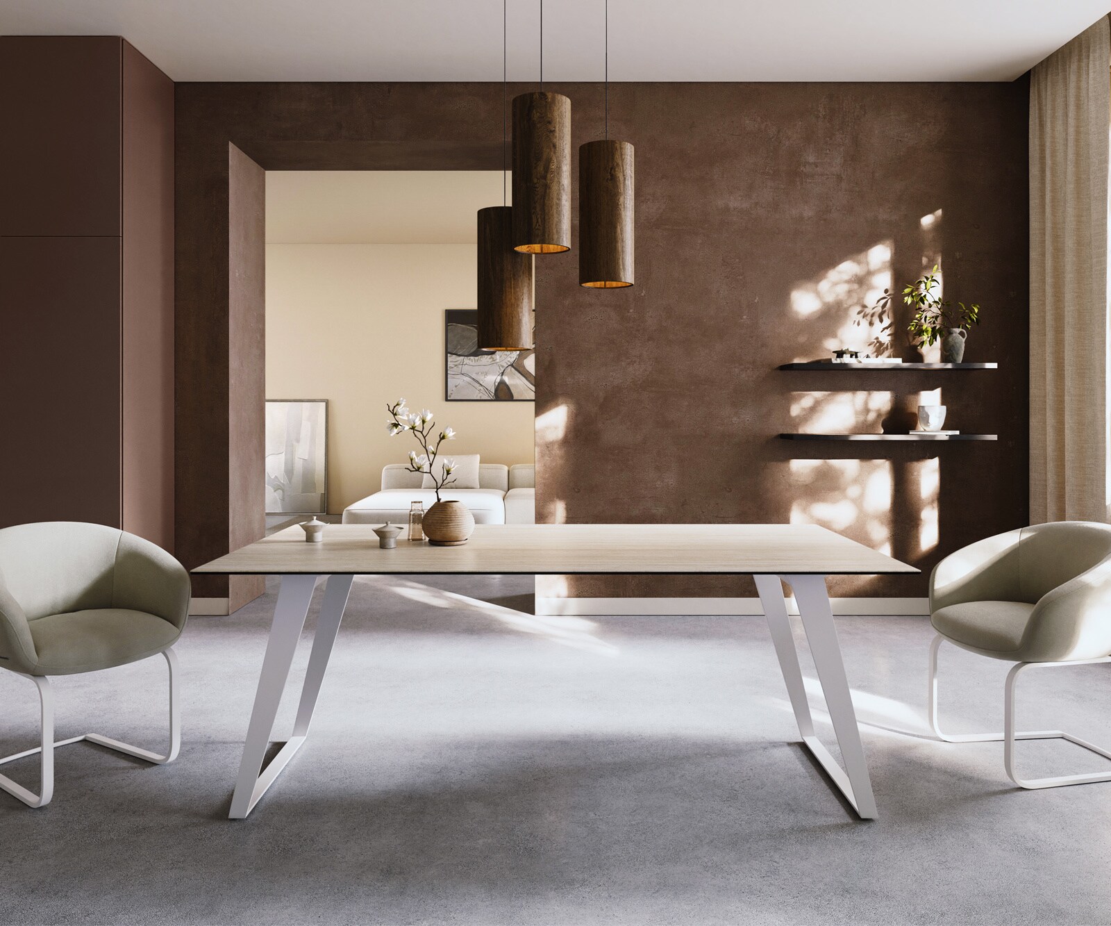 Table à manger Edge 200x100 céramique Laminam® Travertino Bianco crème-blanc métal incliné blanc 1