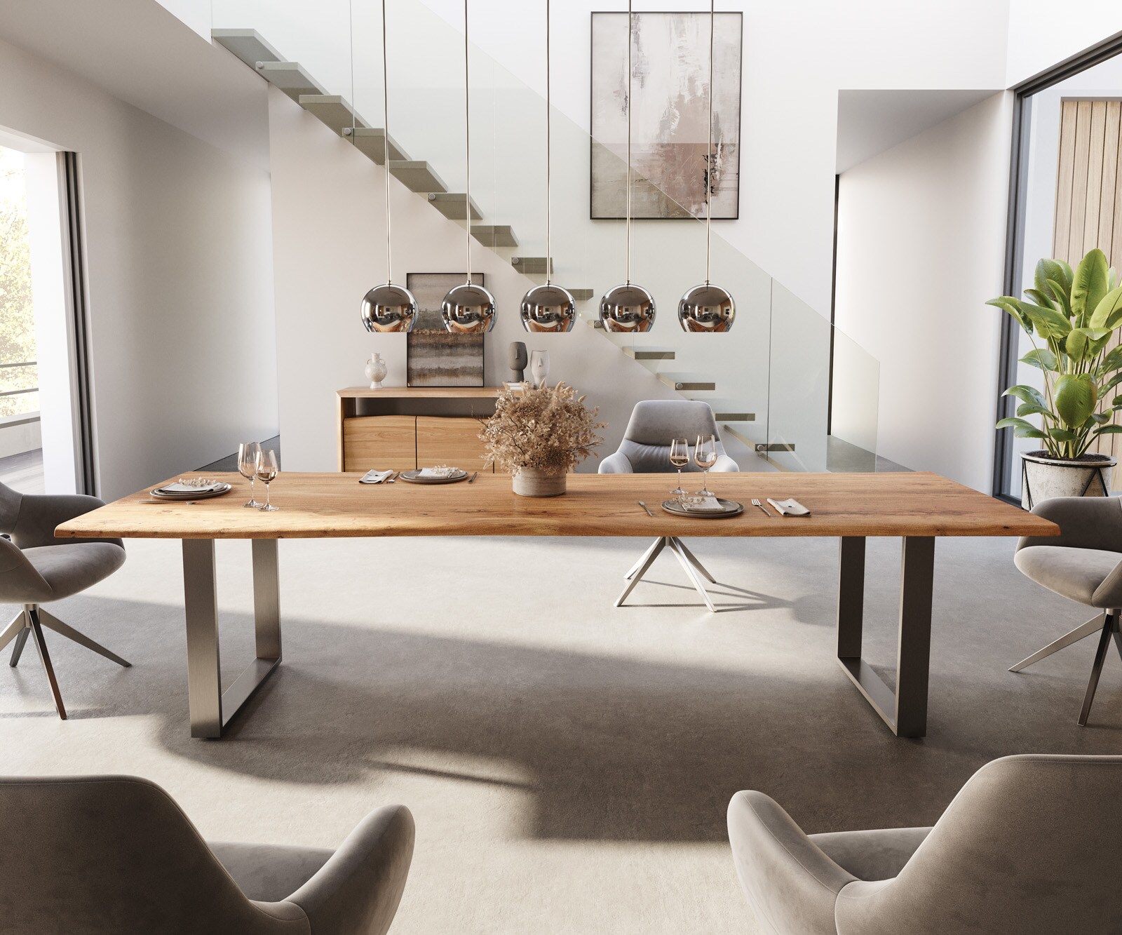 Esstisch Edge 300x100 Akazie Natur Edelstahl Schmal Live-Edge 2