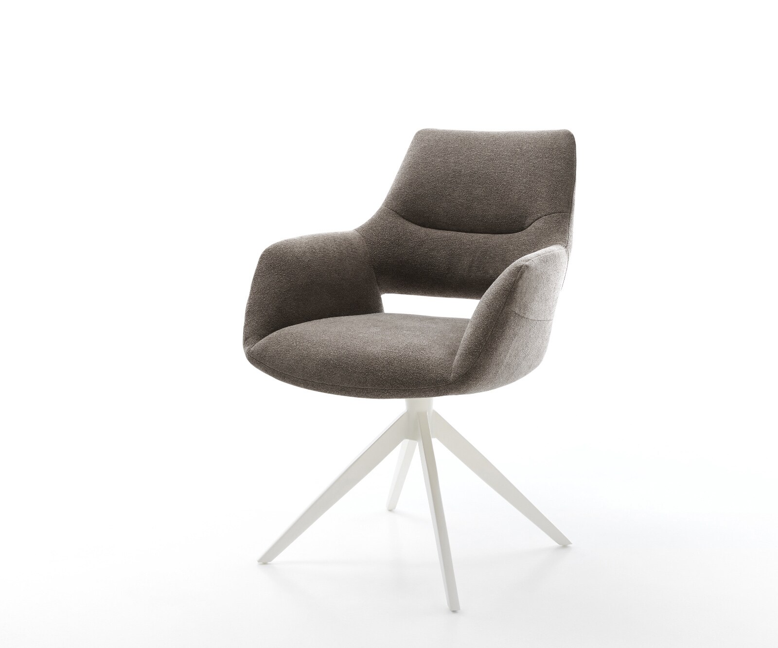 Chaise-pivotante Yago-Flex avec accoudoirs tissu structuré doux taupe pied croisé large blanc pivotement sur 360° fonction bascule ressorts ensachés 1