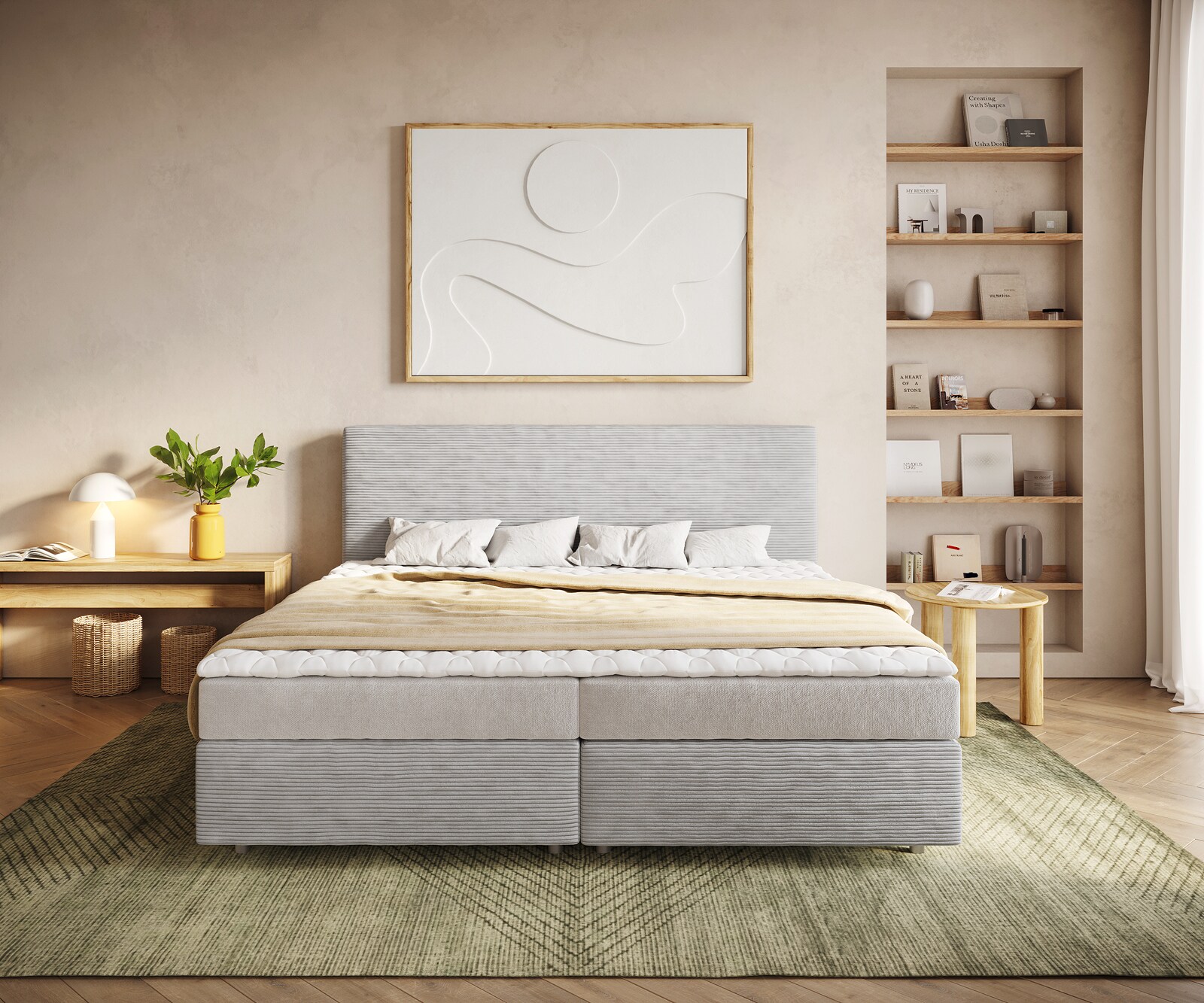 Lit-à-sommier-tapissier Dream-Well Velours côtelé gris argenté 200x200 cm Matelas Bonell PU-surmatelas  1