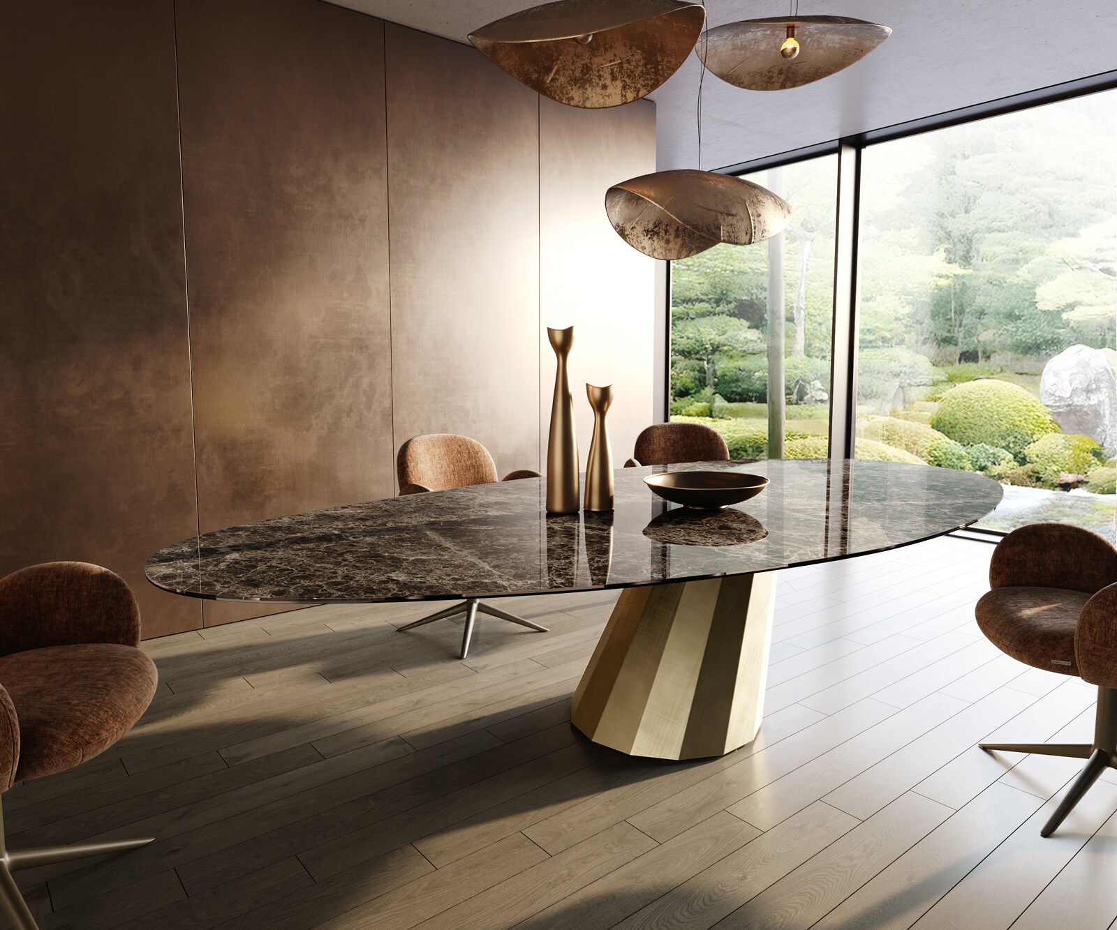 Esstisch Edge Oval 315x150 cm Keramik Emperador Extra Lucidato Dunkelbraun Parabel Metallic Gold