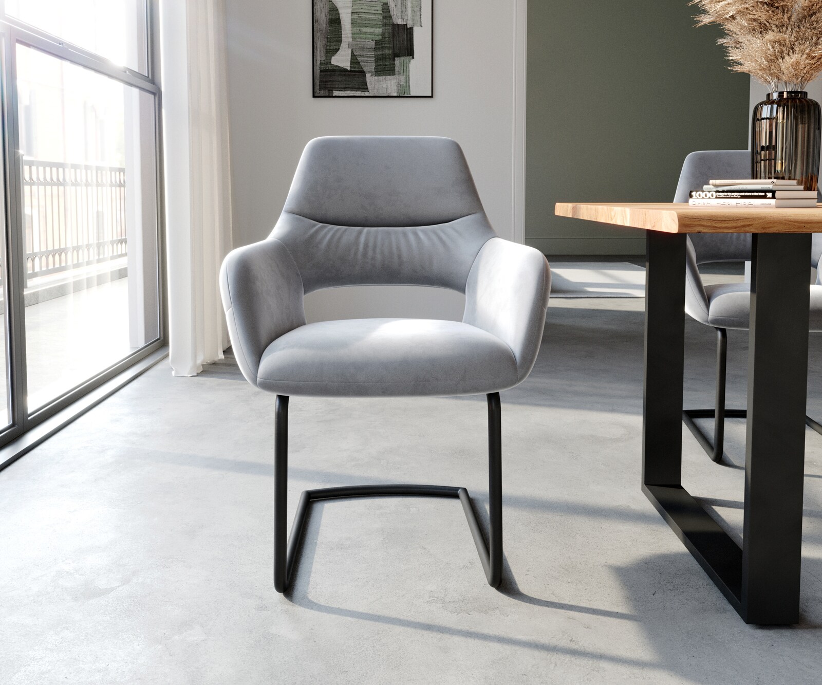 Cantilever Yago-Flex avec accoudoirs velours gris pied cantilever rond noir ressorts ensachés 1