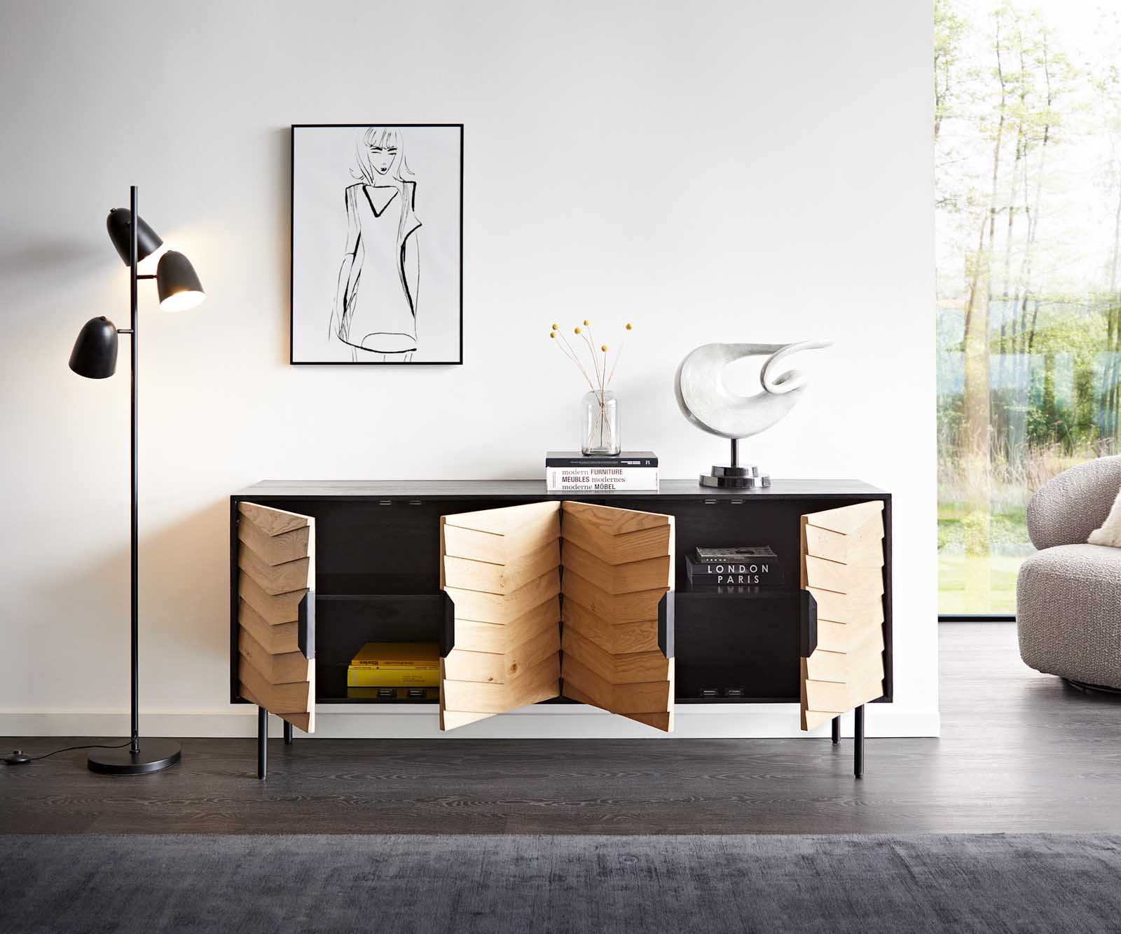 Sideboard Muvi 175 cm Eiche Natur Mango Schwarz Metall Schwarz 4 Türen 3 Sideboard Muvi 175 cm Eiche Natur Mango Schwarz Metall Schwarz 4 Türen 3