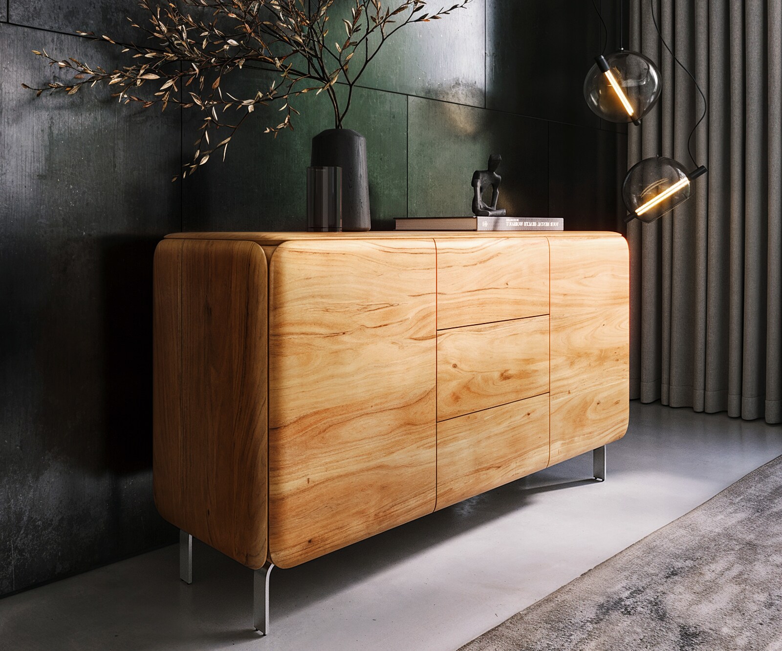 Sideboard Shavani 145 cm Akazie Natur 2 Türen 3 Schubladen L-Fuß Edelstahl Silber