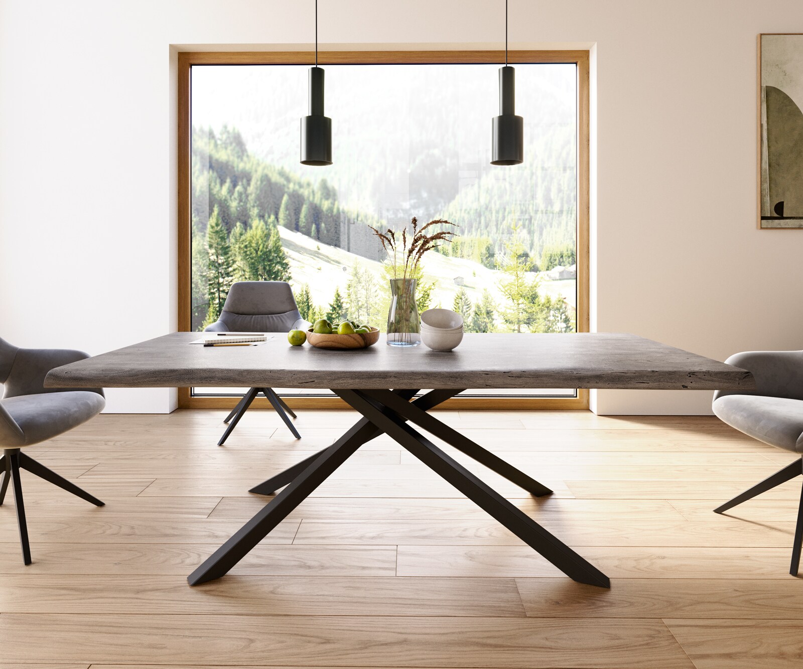 Esstisch Edge 220x100 XL Akazie Platin Kreuzgestell Rechteck Schwarz Live-Edge 1