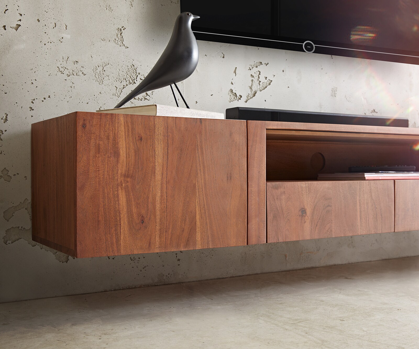 Meuble-TV Secara 200 cm acacia marron 2 portes 2 tiroirs marbre flottant 5