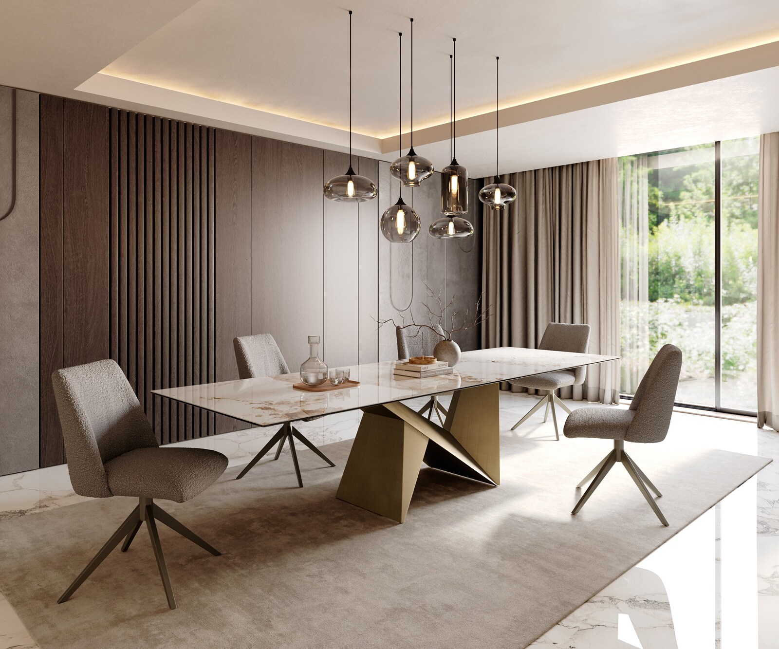 Esstisch Edge 300x100 Keramik Minas Melange Weiß-Beige Origami Metallic Gold 7