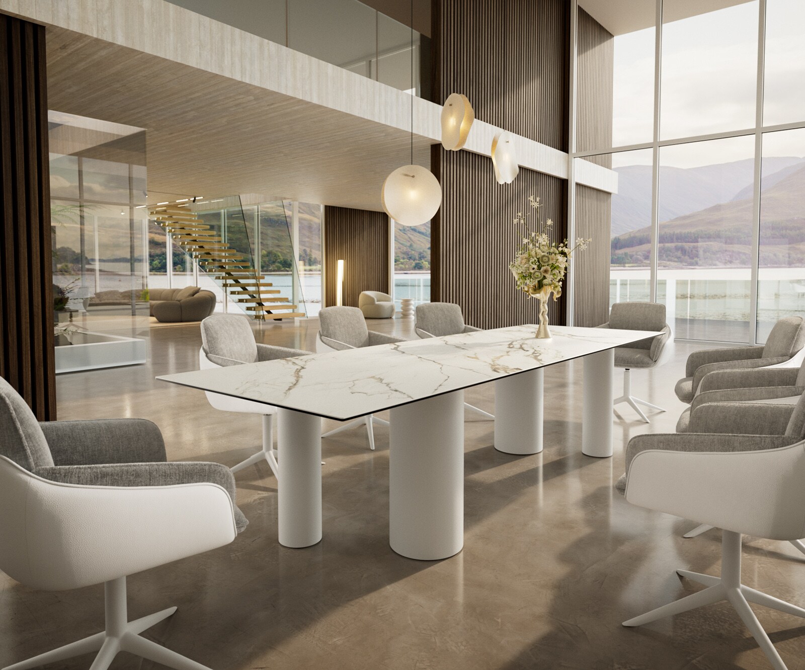 Esstisch Edge 300x100 Keramik Calacatta Luxe Weiß-Gold-Grau Pilier Metall Weiß 5