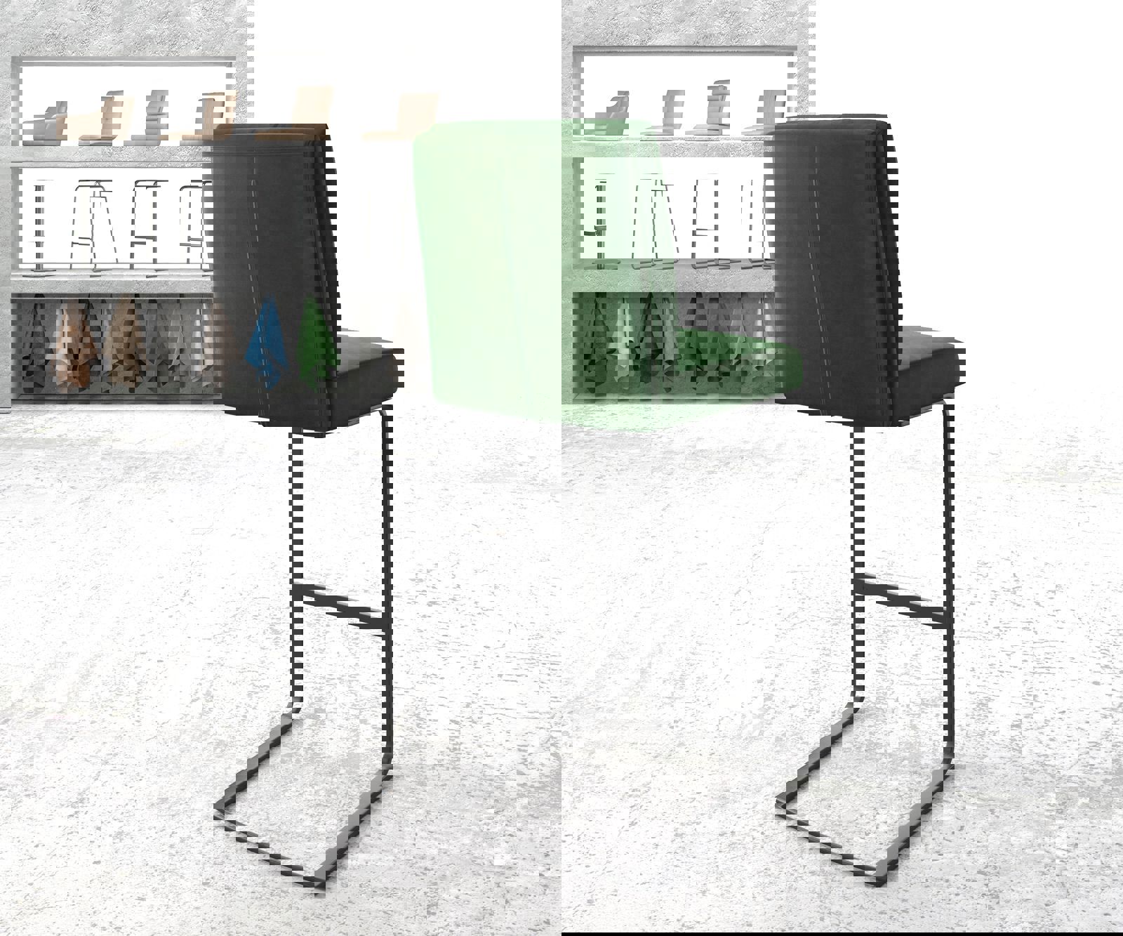 Barstuhl Pela-Flex Samt Grün Freischwinger flach Metall 3 Barstuhl Pela-Flex Samt Grün Freischwinger flach Metall 3