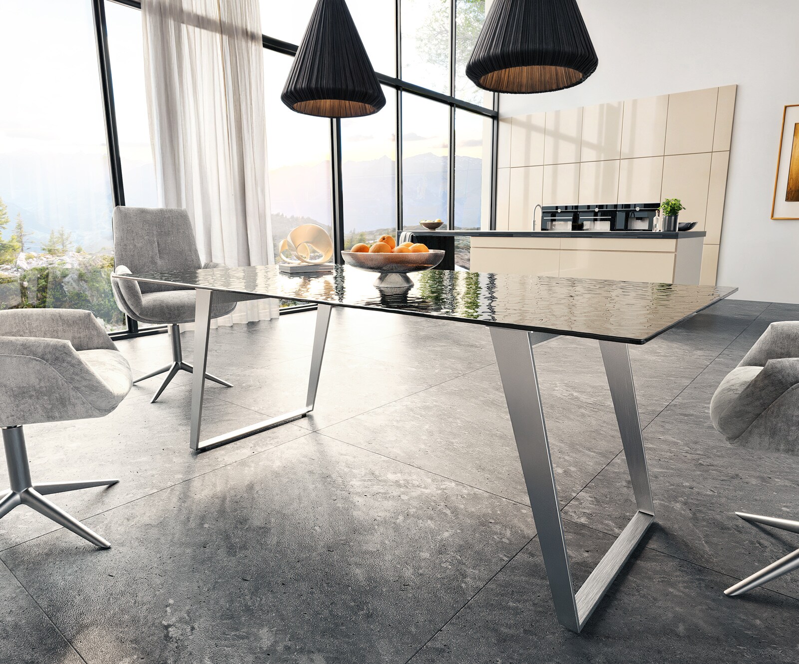 Table à manger Edge 200x100 verre fondu noir fumé relief en 3D acier inoxydable incliné 3