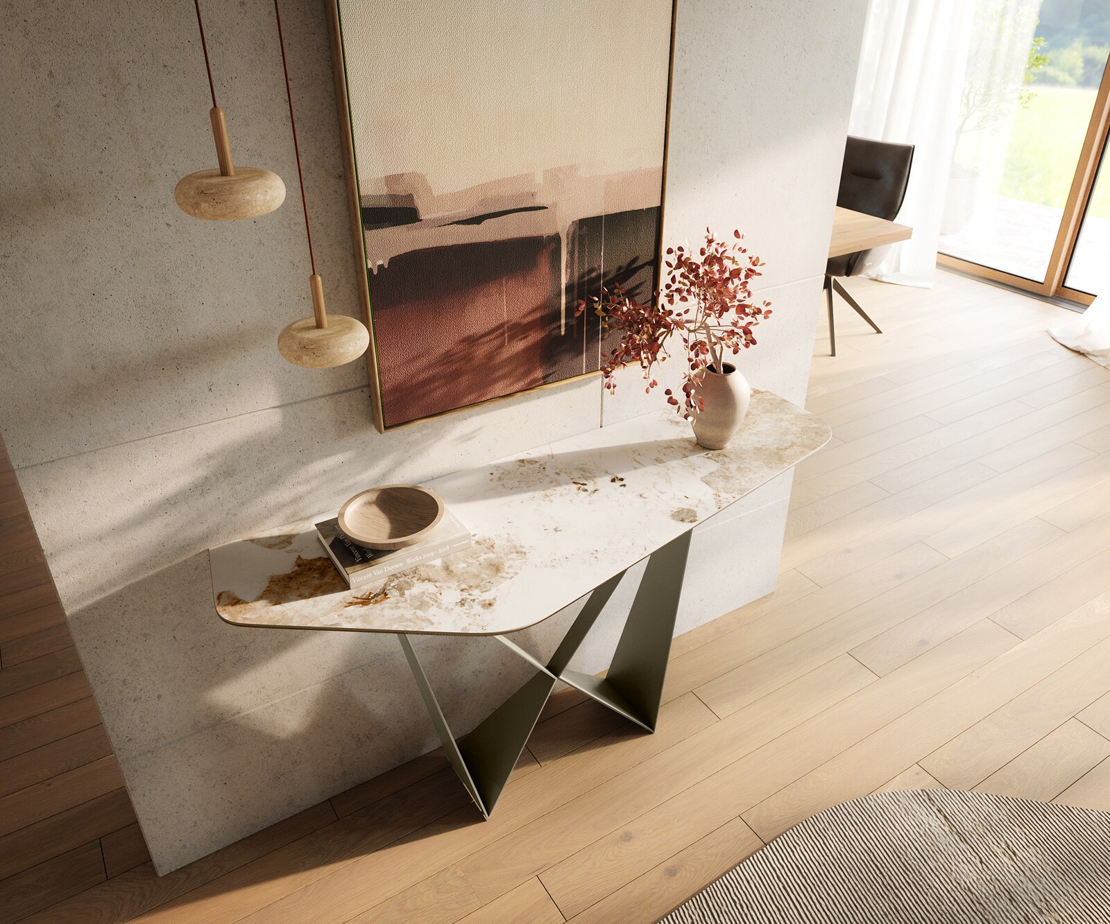 Konsolentisch Edge Polygonal 140x50 cm Keramik Minas Melange Weiß-Beige Spios Metall Effektfinish Titan 2