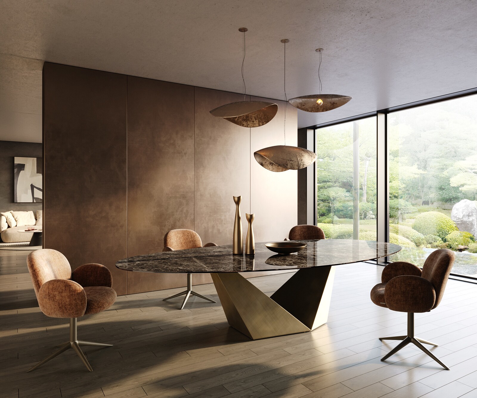 Table de salle à manger Edge Ovale 315x150 cm Céramique Emperador Extra Lucidato Brun foncé Prisma Métallique Or 5