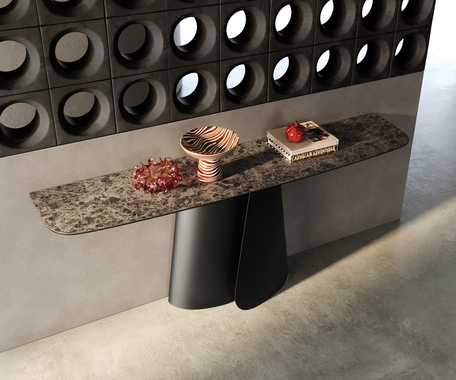 Console Edge forme bateau 180x40 cm Céramique Emperador Extra Lucidato Dunkelbraun Livos Métal Noir 1