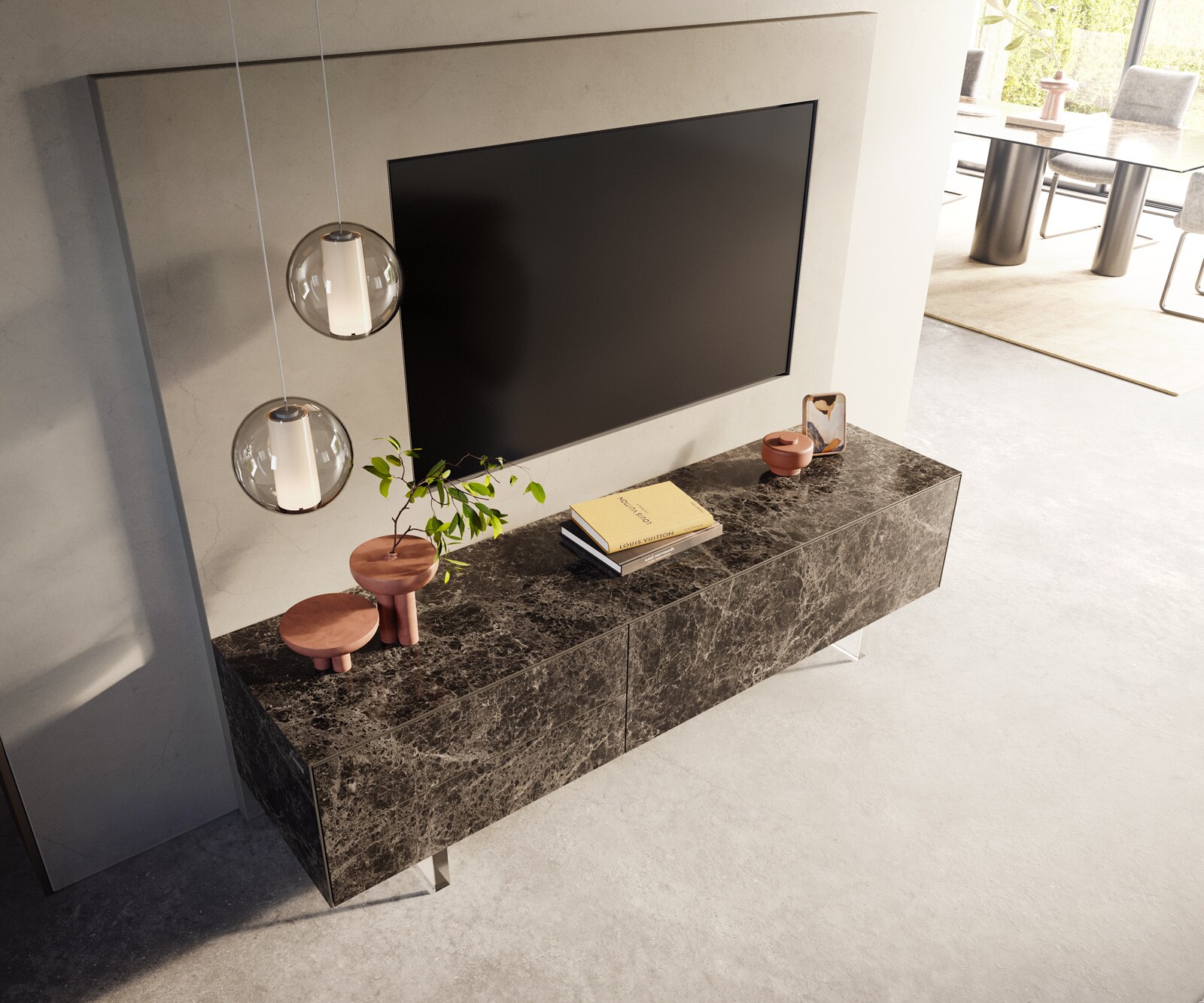 Lowboard Cuor 180 cm Keramik Laminam® Emperador Extra Lucidato Dunkelbraun 1 Klappe 2 Schubfächer Fuß Schwebeoptik Acrylglas 4