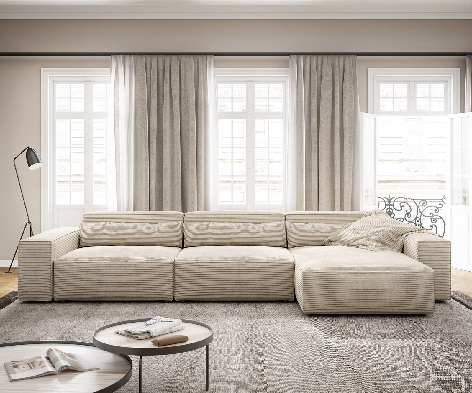 Ecksofa Sirpio XL 370x170 cm Cord Beige Recamiere variabel 1