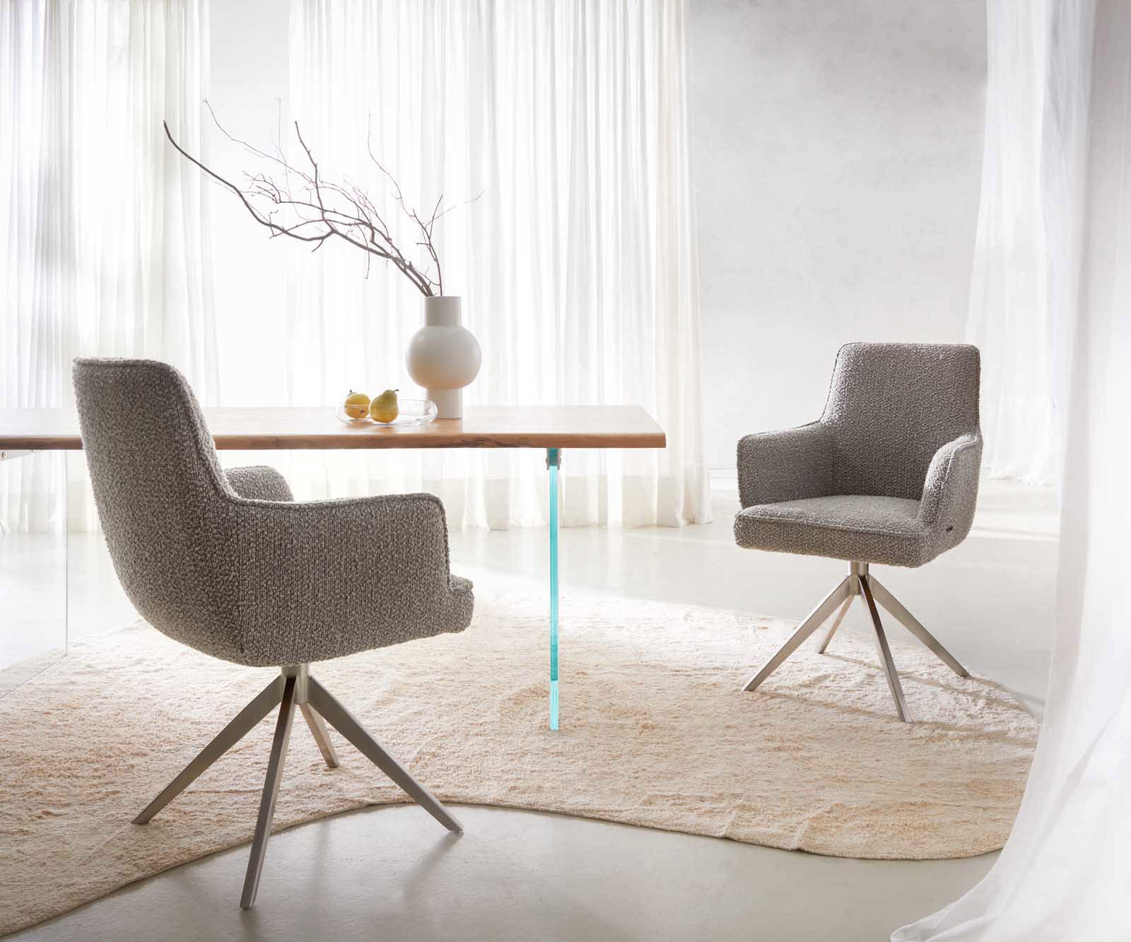 Chaise-pivotante Heira-Flex avec accoudoirs bouclé gris argenté pied croisé large acier inoxydable brossé pivotement sur 360° ressorts ensachés 5