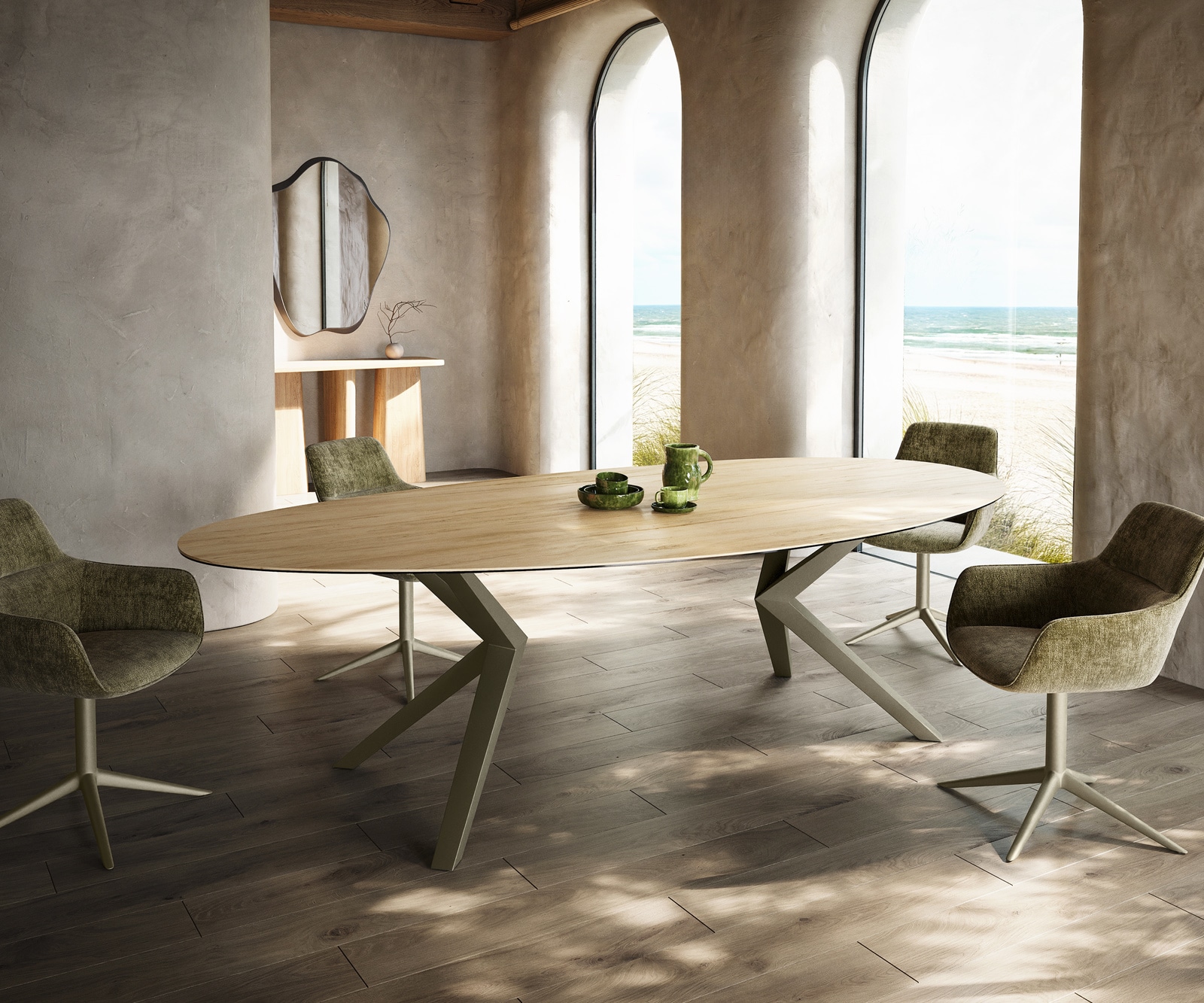 Esstisch Edge Oval 280x130 Keramik Laminam® Sabbia Eichefarbig Zenthara kantig Metall Effektfinish Titan Esstisch Edge Oval 280x130 Keramik Laminam® Sabbia Eichefarbig Zenthara kantig Metall Effektfinish Titan