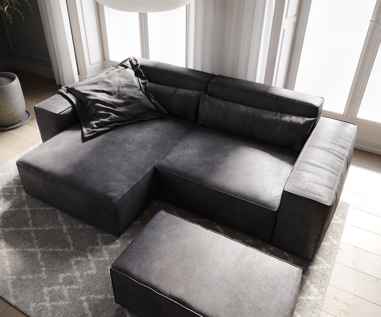 Ecksofa Sirpio 230x150 cm Lederimitat Vintage Anthrazit Recamiere variabel mit Hocker 3