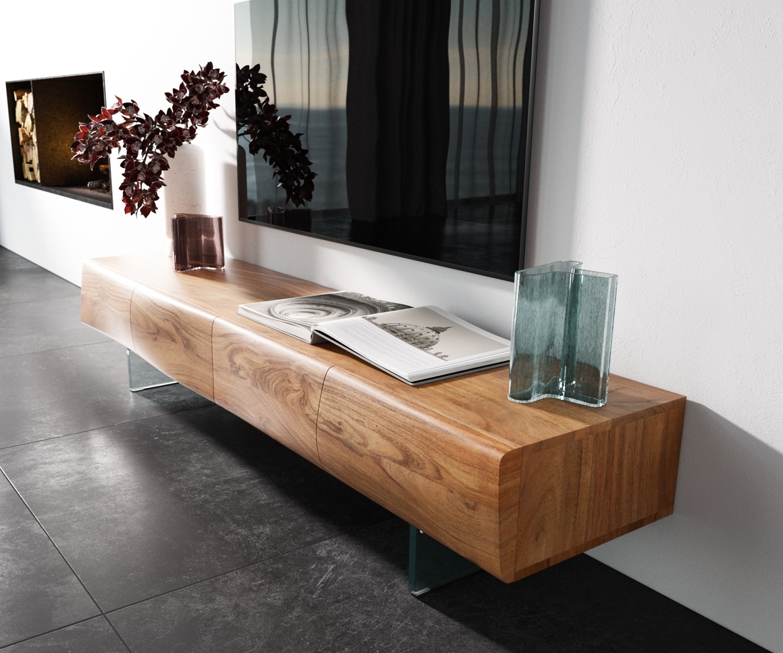 Meuble - TV New Live-Edge 175 cm acacia naturel 4 portes pied en verre 1 Meuble - TV New Live-Edge 175 cm acacia naturel 4 portes pied en verre 1
