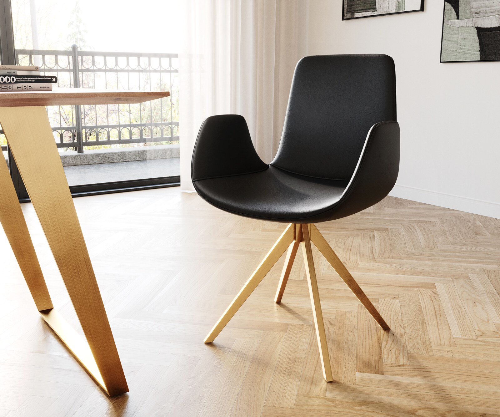 Drehstuhl Ilia-Flex mit Armlehnen Echt-Leder Schwarz Kreuzgestell kantig Gold 180° drehbar