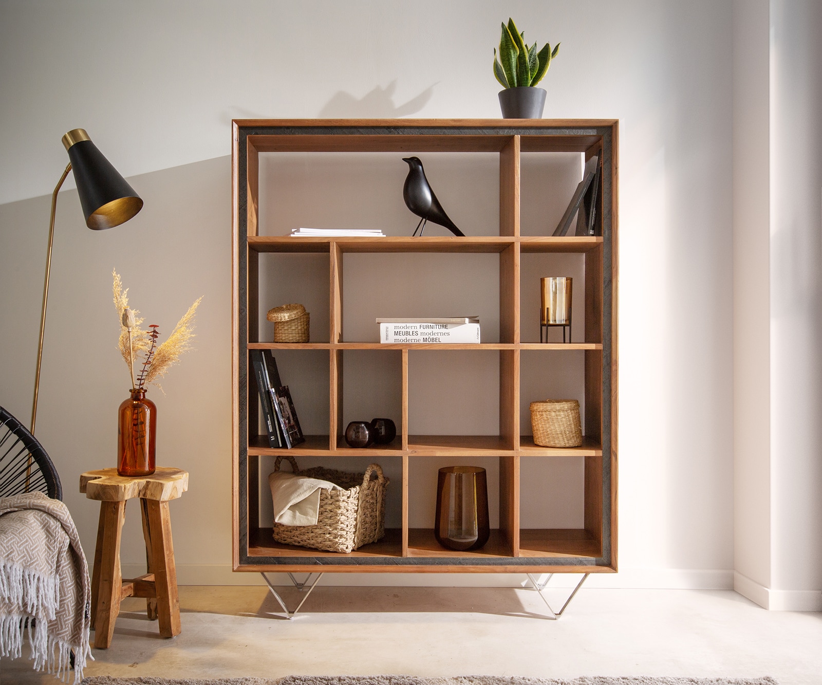 Highboard Stonegrace 120x150 acacia nature 12 compartiments placage en pierre pieds en V 1 Highboard Stonegrace 120x150 acacia nature 12 compartiments placage en pierre pieds en V 1