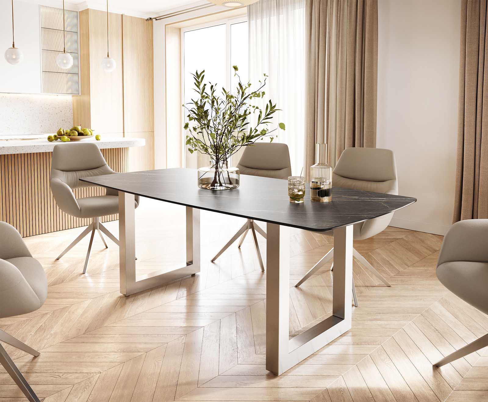 Table-à-manger Edge forme Boot 200x100 céramique Laminam® noir desir brun inox large