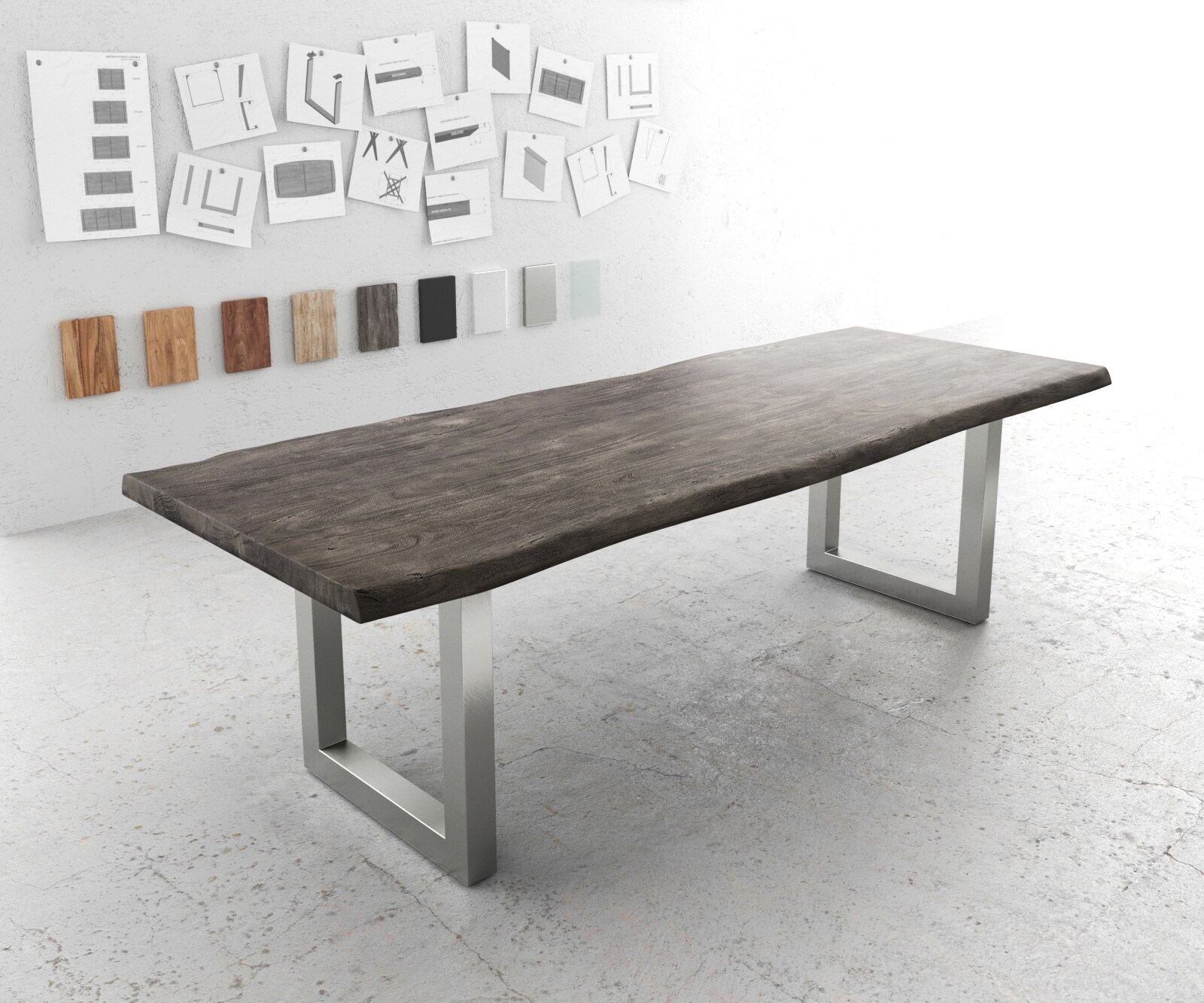 Table-à-manger Edge 260x100 XL acacia platine acier inoxydable large Live-Edge