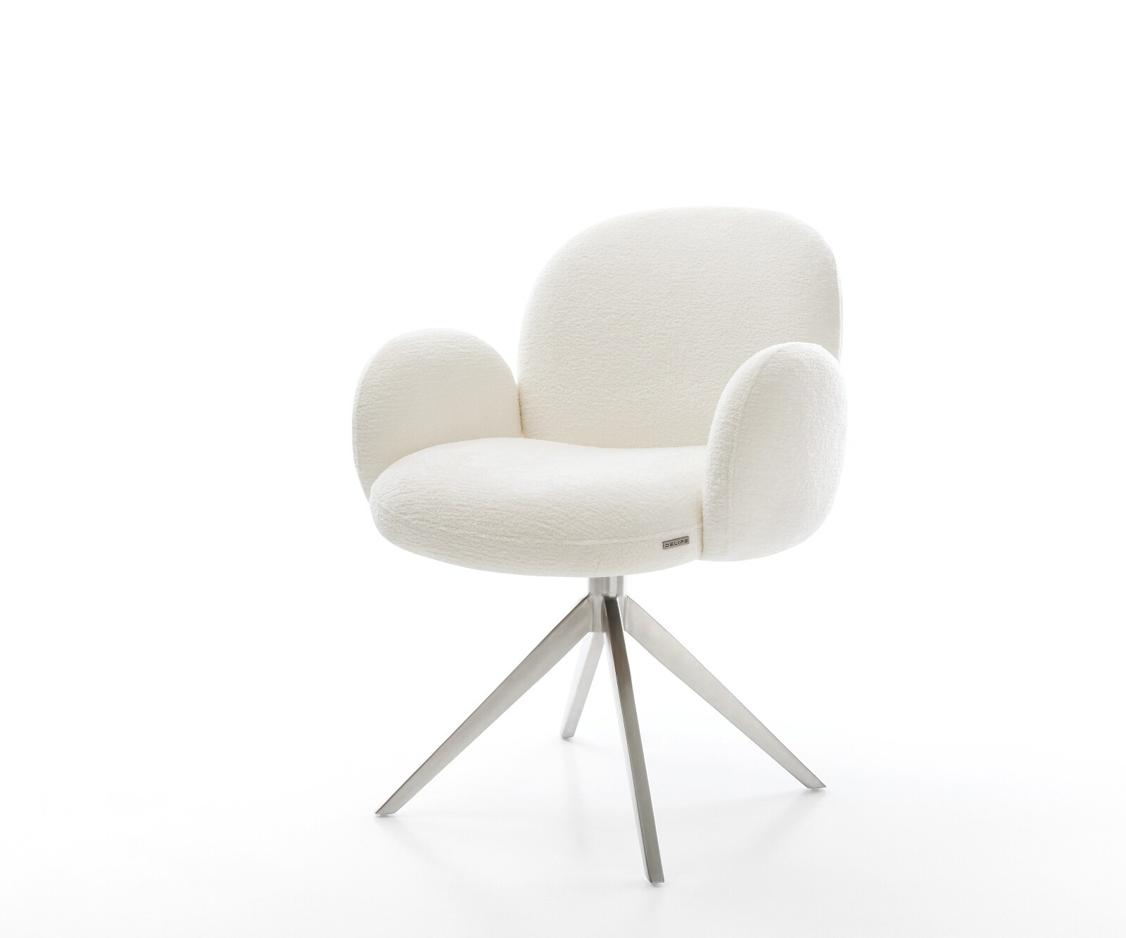 Chaise-pivotante Nube-Flex avec accoudoirs bouclé doux beige pied croisé large acier inoxydable pivotement sur 360° fonction bascule resorts ensachés
