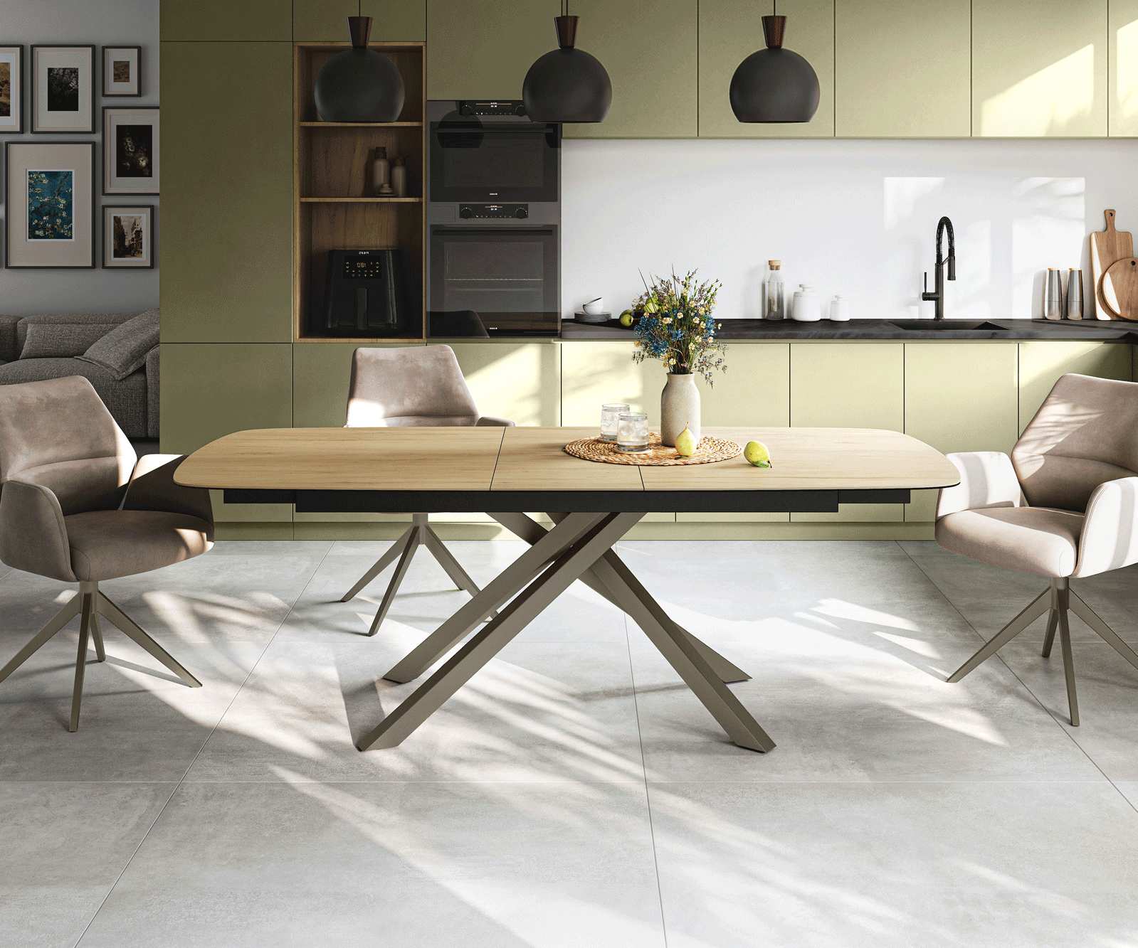 Esstisch Edge Boot 180-220x100 cm Keramik Laminam® Sabbia Eichefarbig Kreuzgestell Rechteck Effektfinish Titan ausziehbar 1