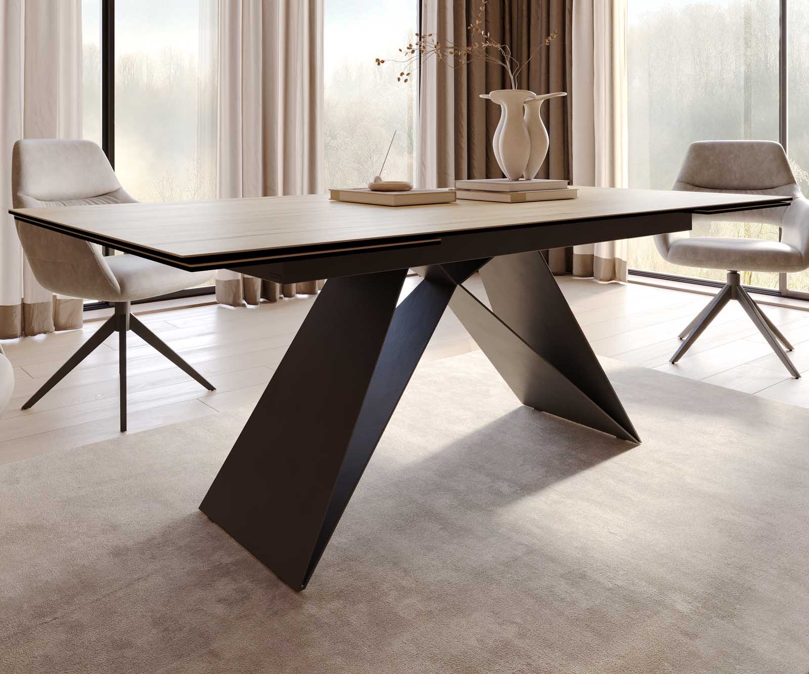 Table à manger Edge 200-300x100 céramique Laminam® Sabbia couleur chêne cadre en V acier plat noir extensible 6