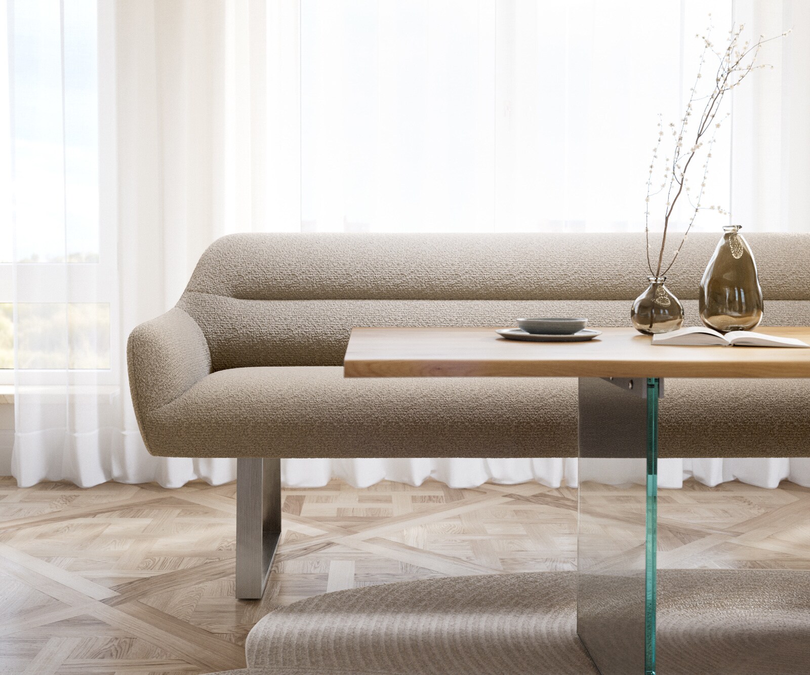 Esszimmerbank Taya-Flex 200 cm Bouclé Schlamm Kufengestell kantig Edelstahl Taschenfederkern 1