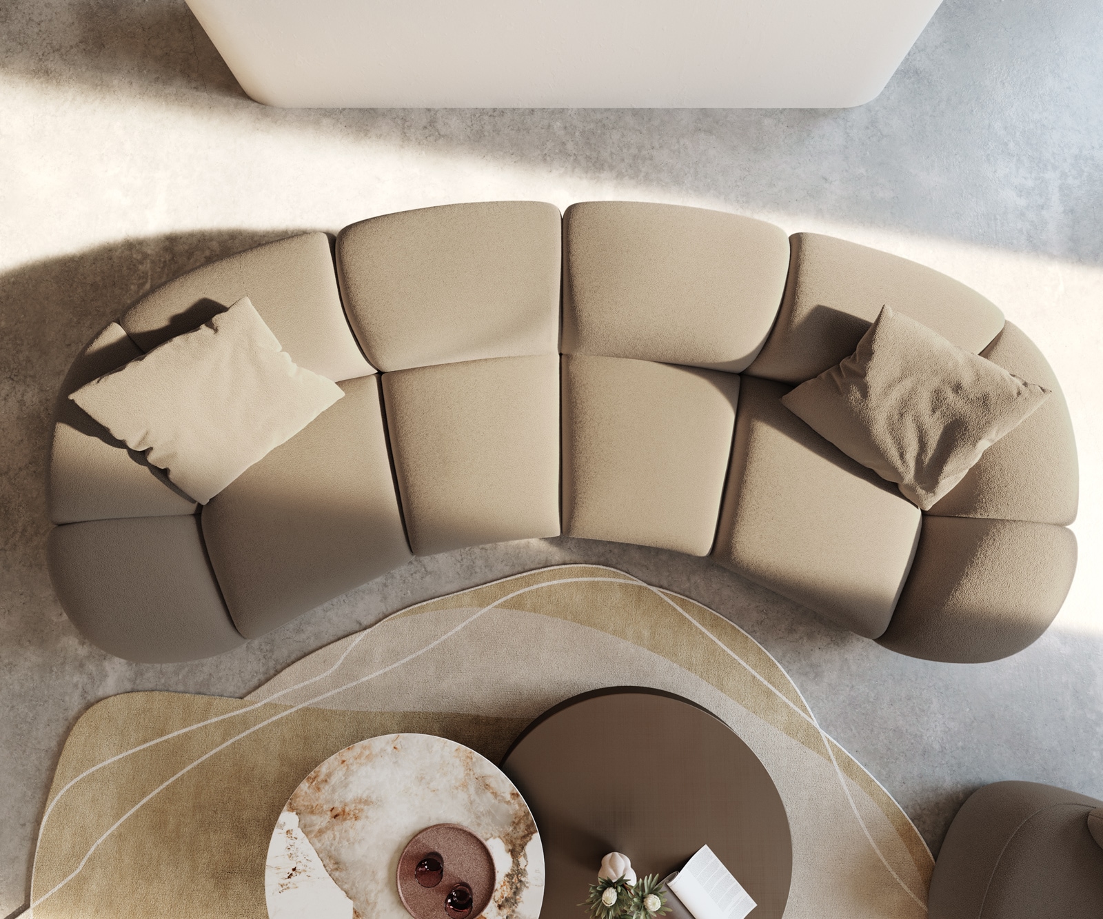 Bigsofa Lunna 360x175 cm Bouclé fin Taupe2 coussins 4 Bigsofa Lunna 360x175 cm Bouclé fin Taupe2 coussins 4