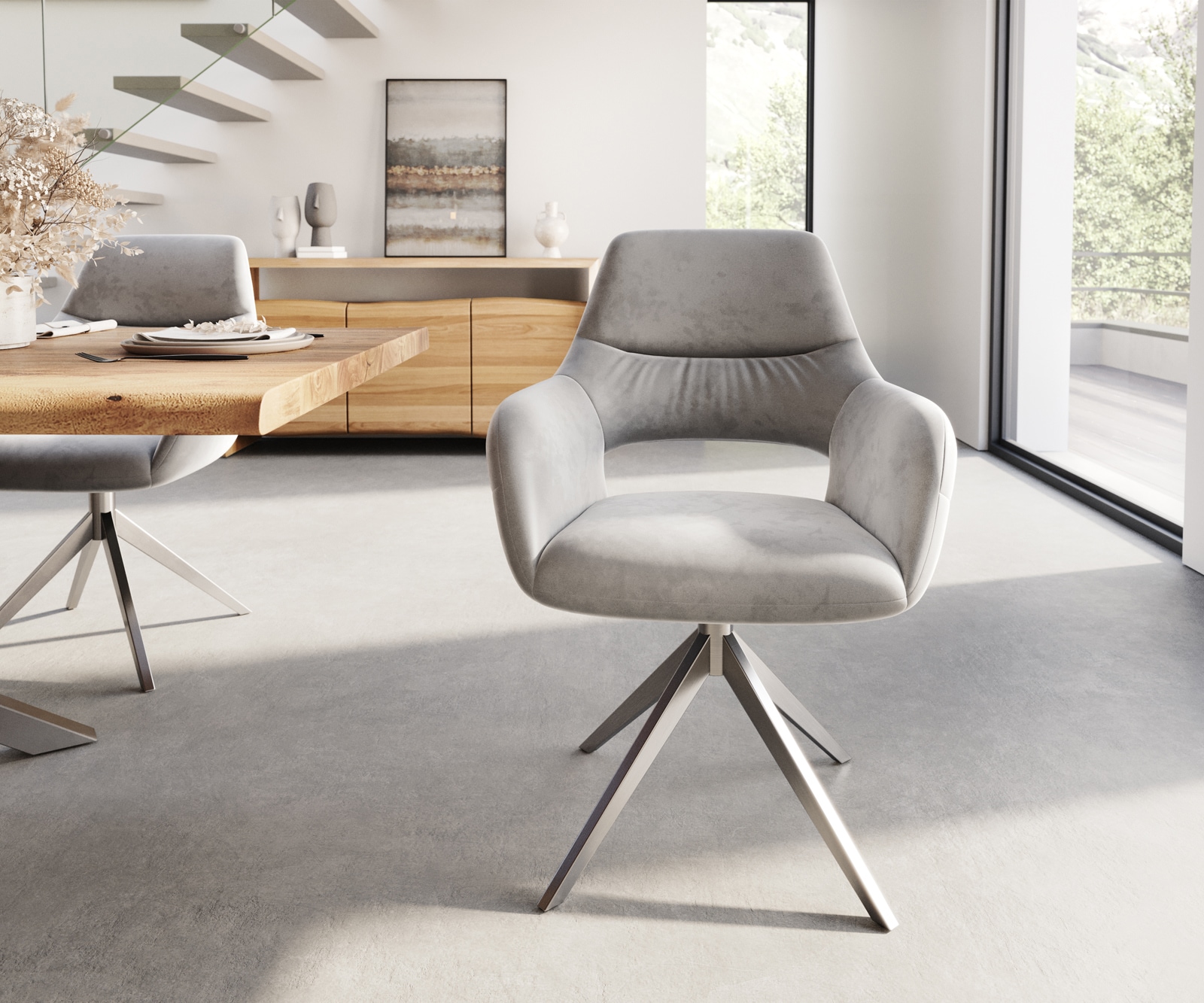 Esszimmerstuhl Yago-Flex mit Armlehnen Samt Grau Kreuzgestell breit Edelstahl Taschenfederkern 2 Esszimmerstuhl Yago-Flex mit Armlehnen Samt Grau Kreuzgestell breit Edelstahl Taschenfederkern 2