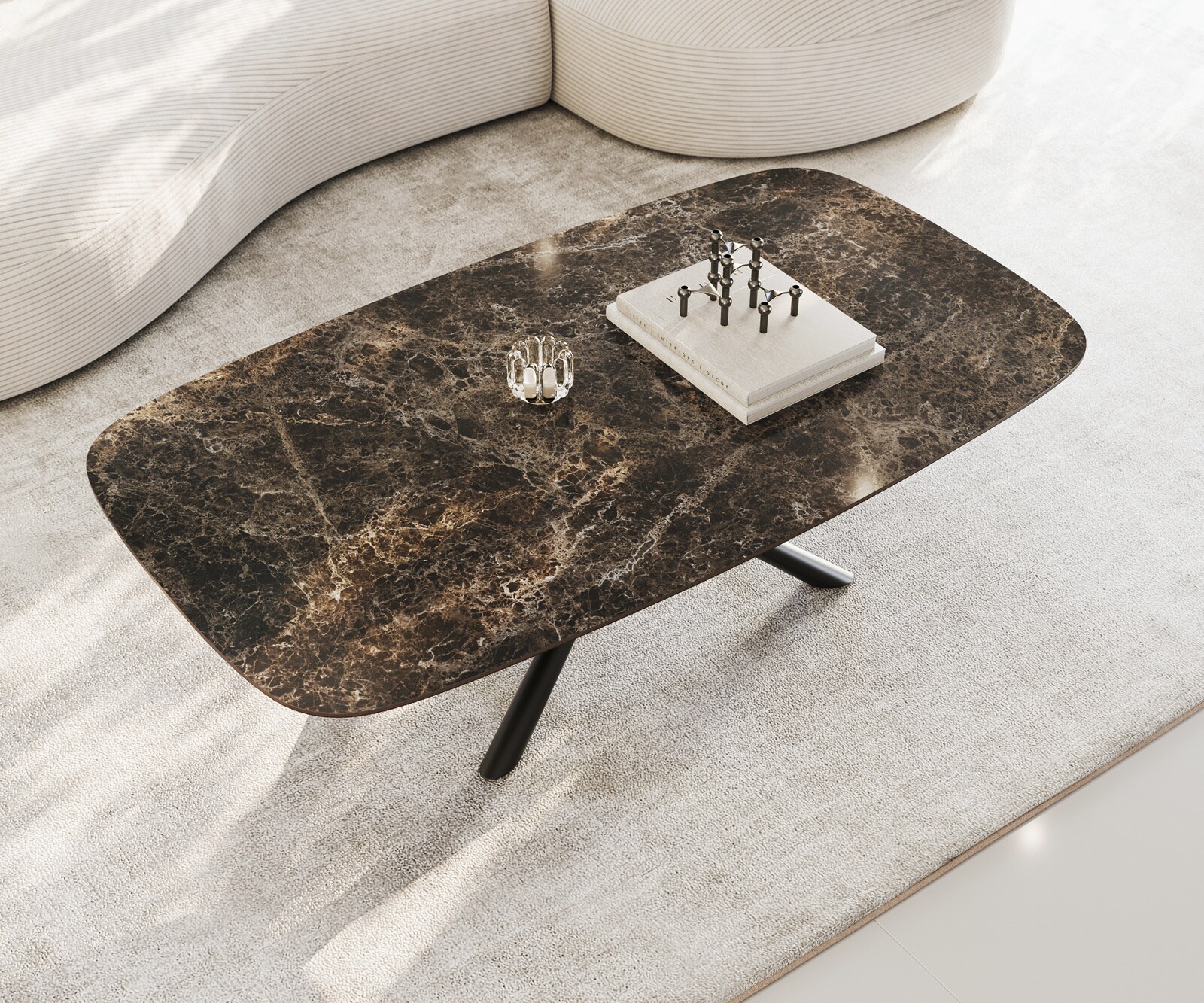 Table basse Edge bateau 140x80 cm céramique Emperador Extra Lucidato brun foncé Sarity métal noir 4