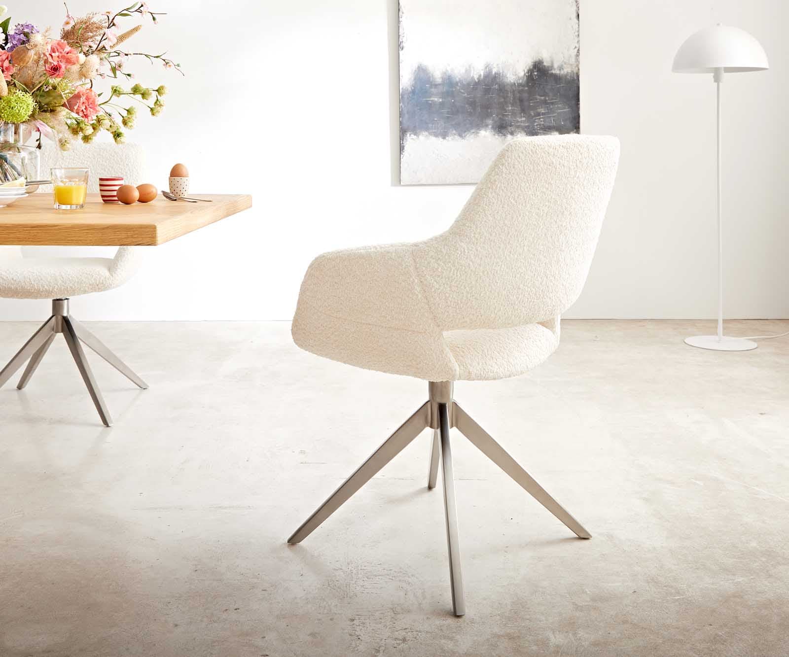 Drehstuhl Yago-Flex mit Armlehnen Bouclé Weiß Kreuzgestell breit Edelstahl 360° drehbar Taschenfederkern 3