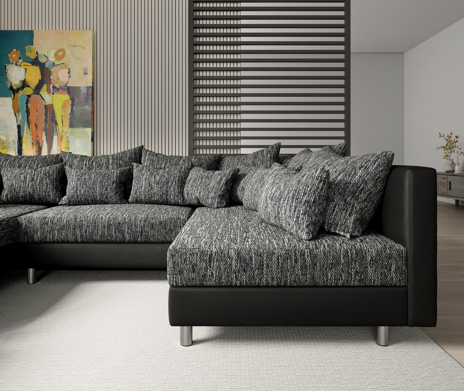 Wohnlandschaft Clovis Schwarz Modulsofa mit Hocker  4 Wohnlandschaft Clovis Schwarz Modulsofa mit Hocker  4