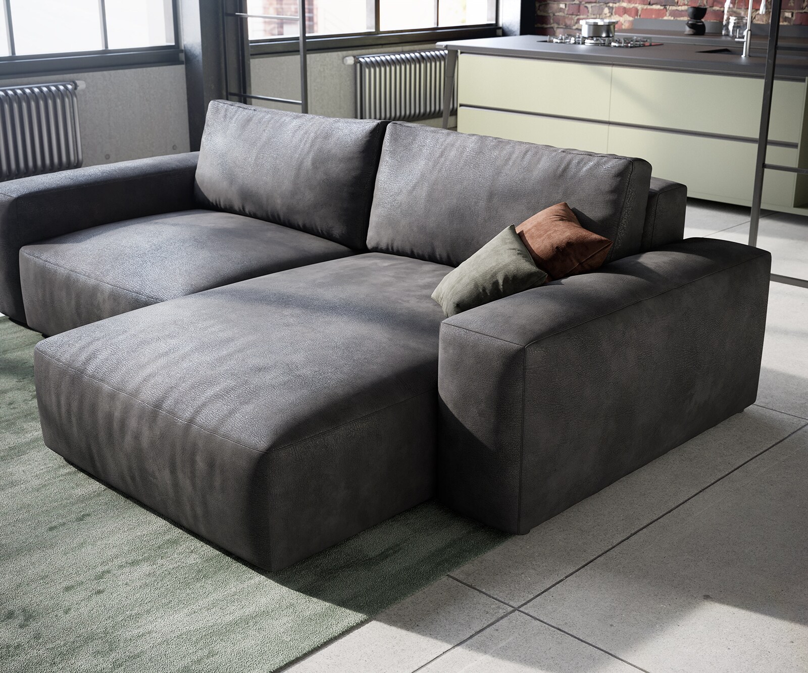 Ecksofa Lanzo 230x155 cm Lederimitat Vintage Anthrazit Recamiere variabel mit Hocker 4