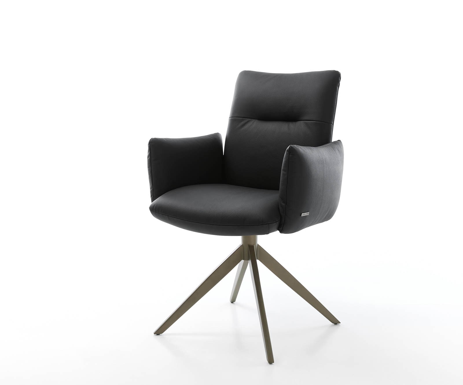 Drehstuhl Jova-Flex mit Armlehnen Echt-Leder Schwarz Kreuzgestell breit Effektfinish Titan 360° drehbar Taschenfederkern