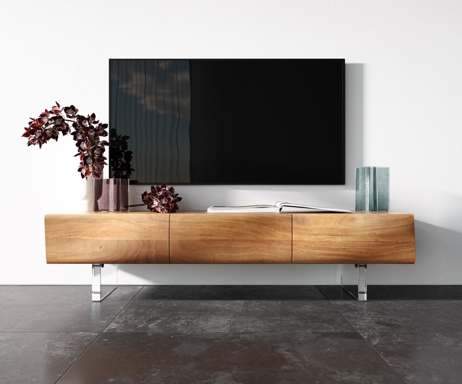 Meuble - TV New Live-Edge 145 cm acacia naturel 3 portes pied acrylique 3